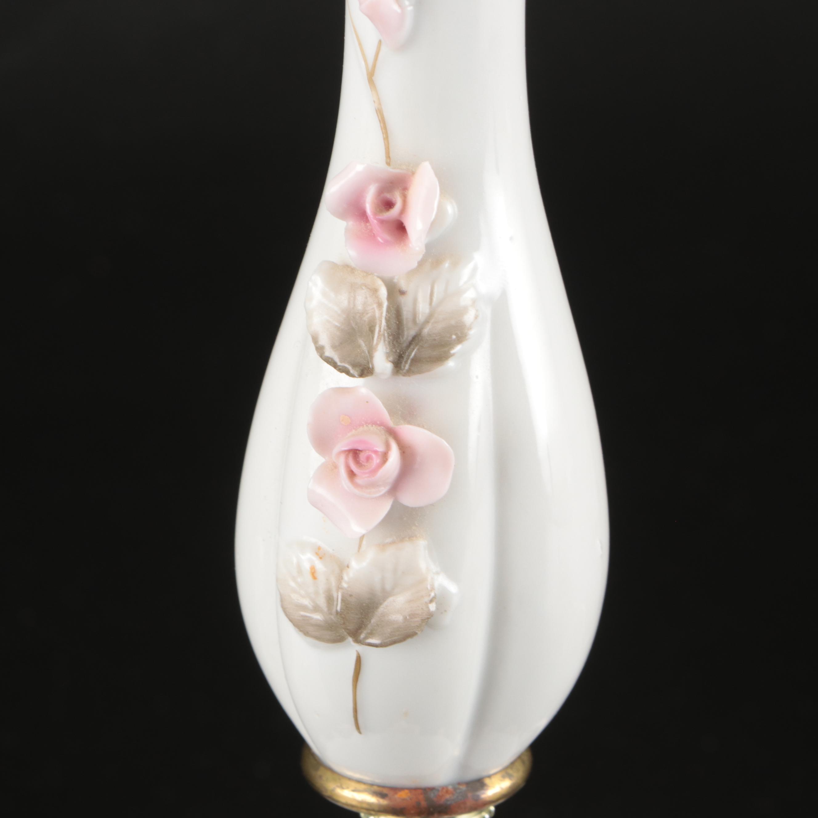 Porcelain Floral Accent Lamps and Pink Ruffle Shades with Sheer & Ribbon Overlay