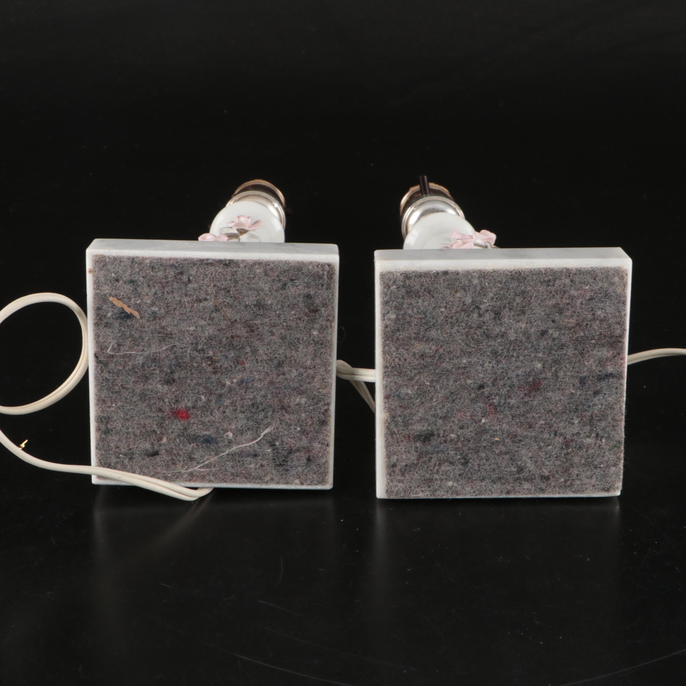 Porcelain Floral Accent Lamps and Pink Ruffle Shades with Sheer & Ribbon Overlay