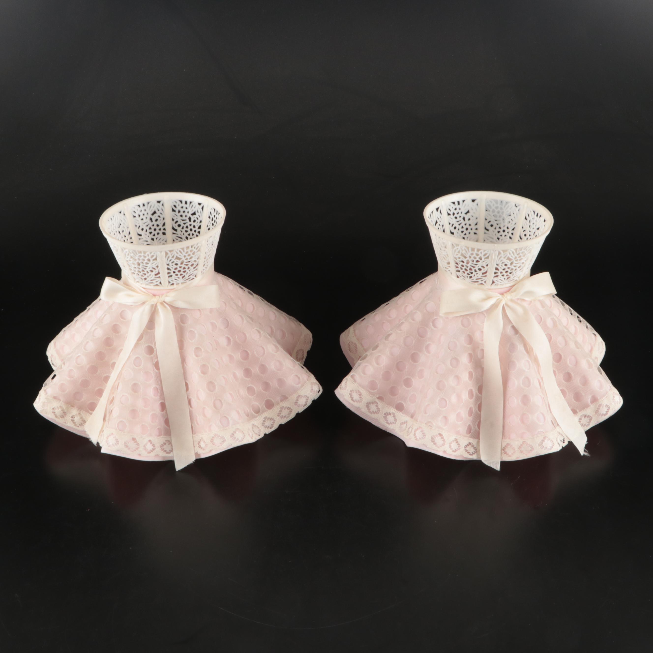 Porcelain Floral Accent Lamps and Pink Ruffle Shades with Sheer & Ribbon Overlay