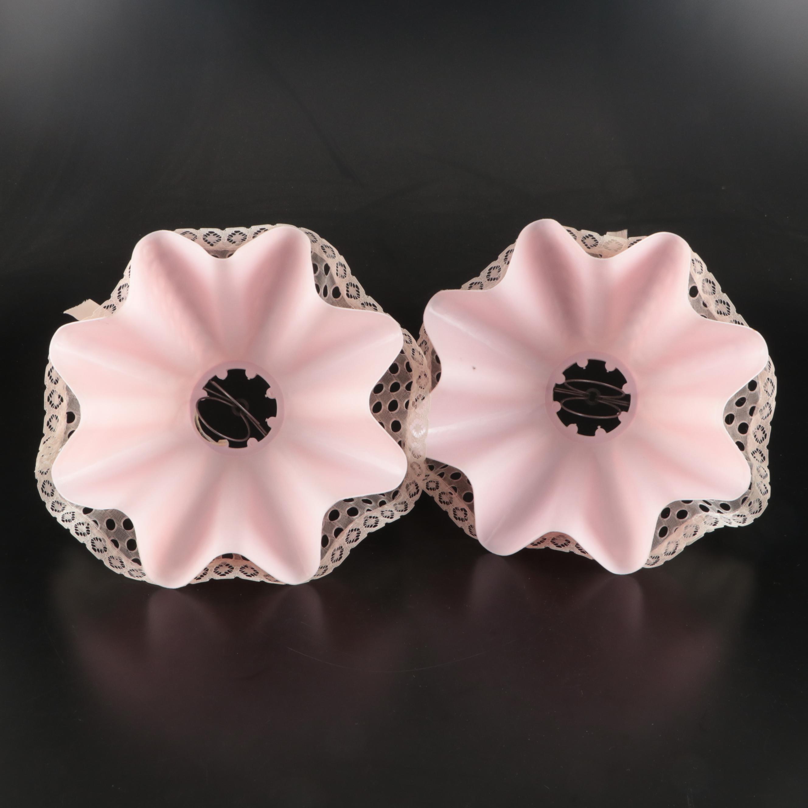 Porcelain Floral Accent Lamps and Pink Ruffle Shades with Sheer & Ribbon Overlay
