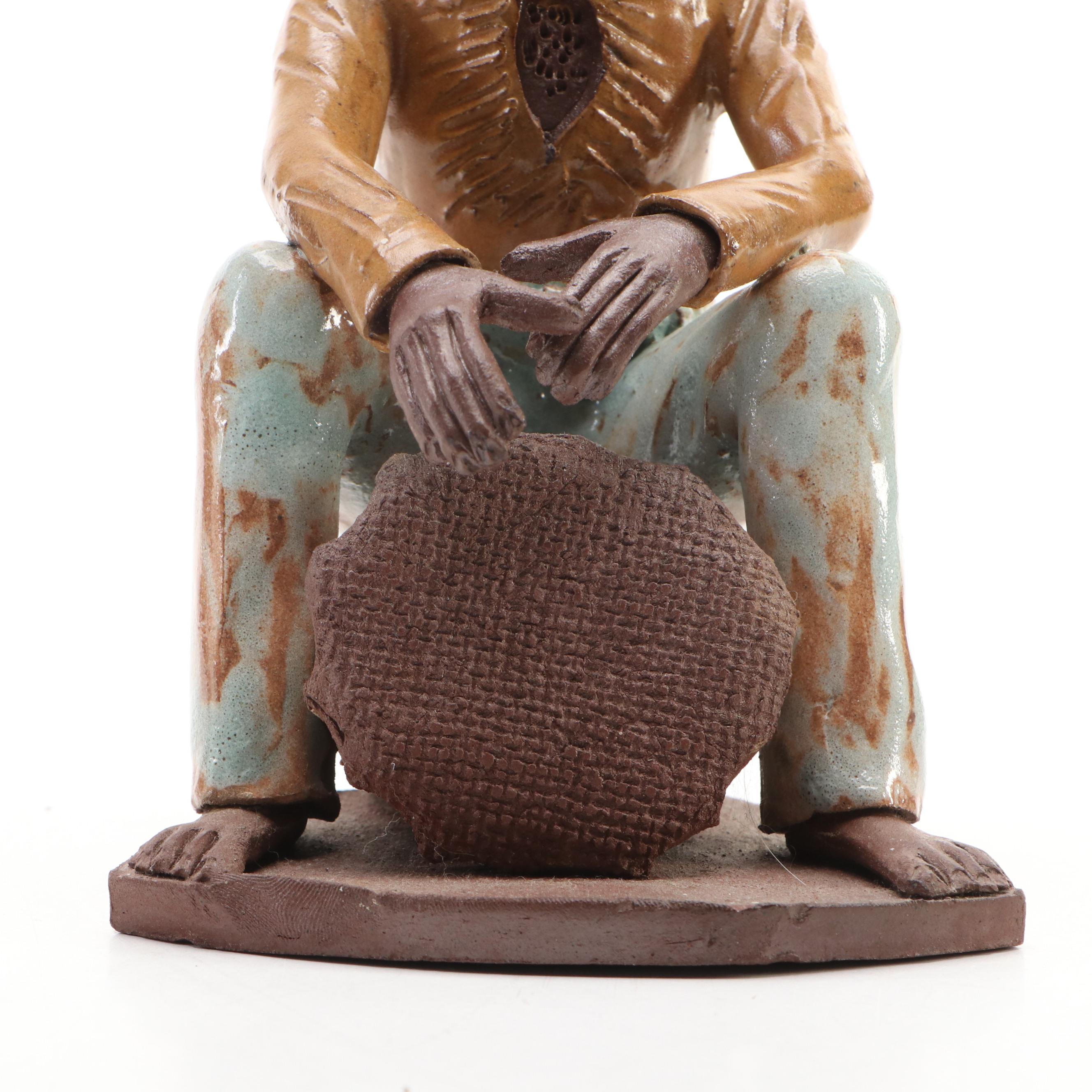 Folk Art Style Red Clay Drummer Musician Figure, 20th Century, Possibly Jamaican