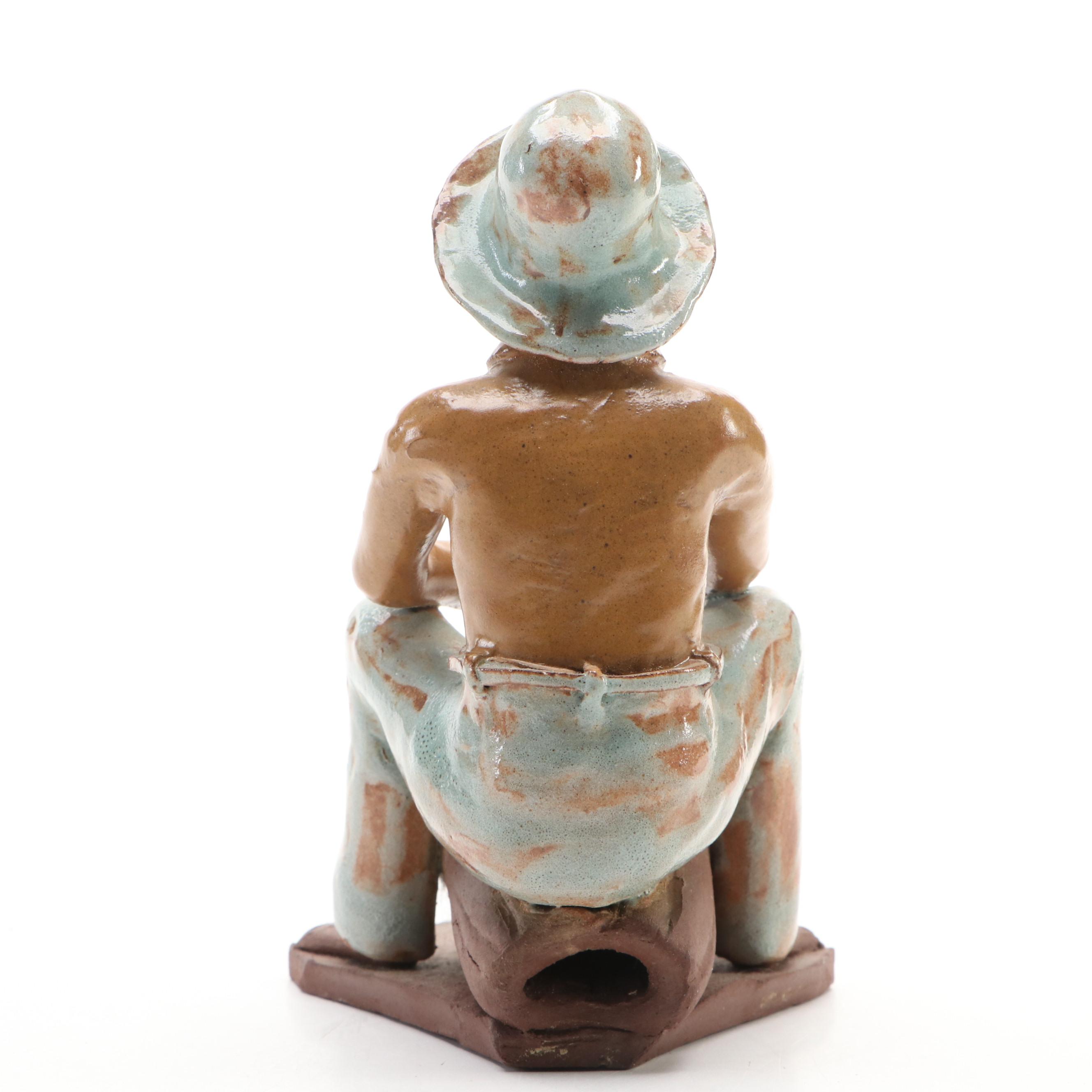 Folk Art Style Red Clay Drummer Musician Figure, 20th Century, Possibly Jamaican