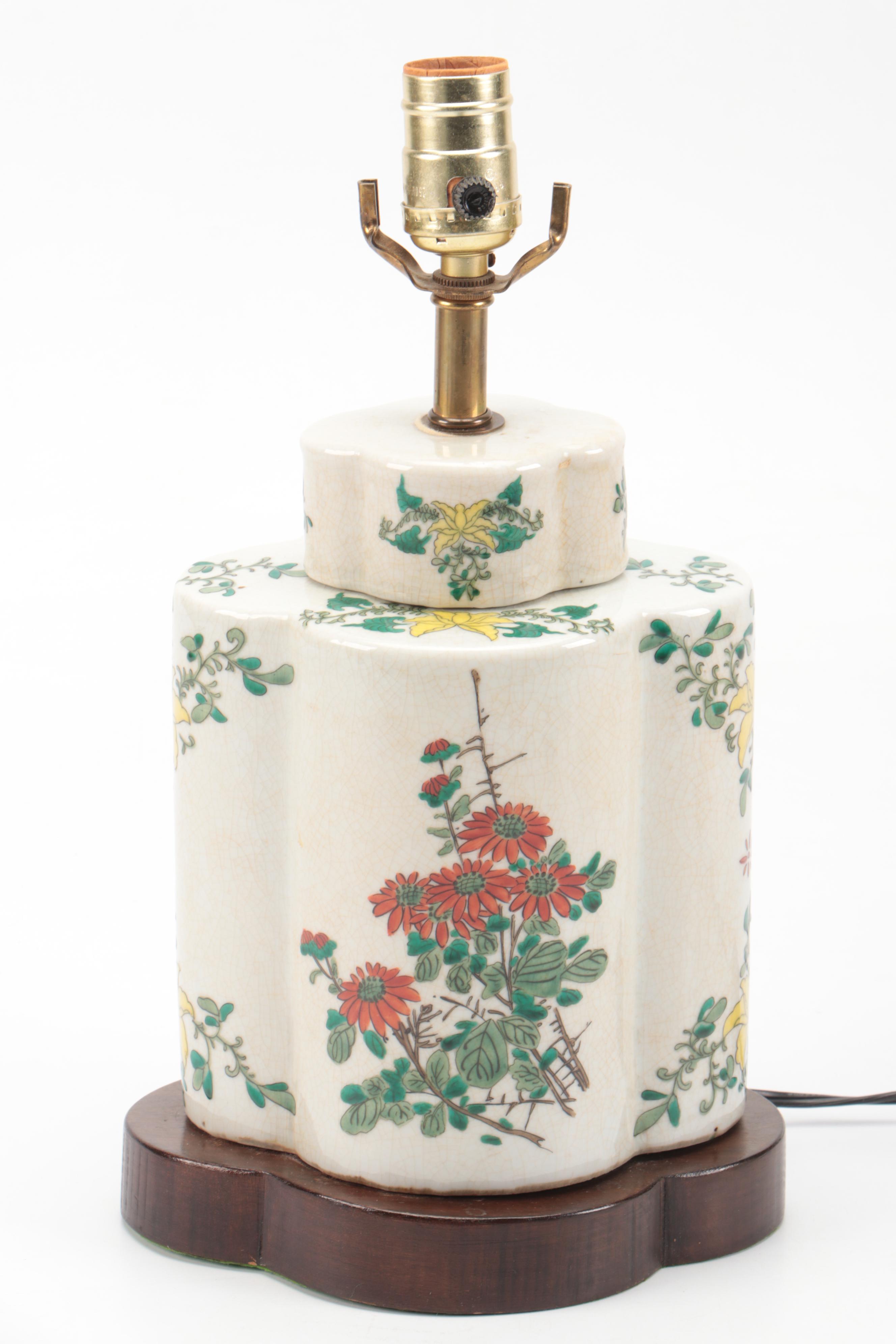 Chinese Porcelain Tea Caddy Table Lamp with Silk Shade