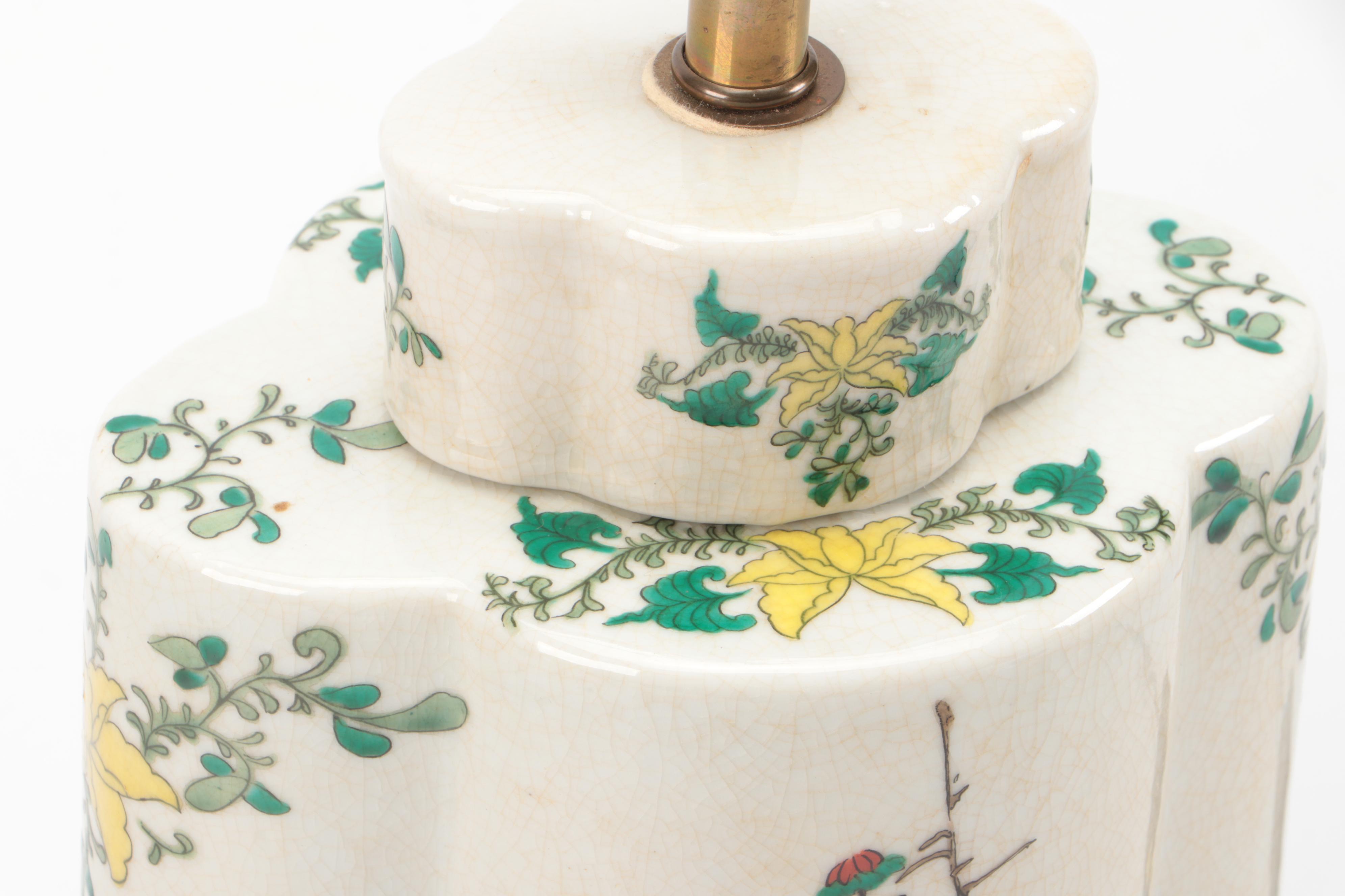 Chinese Porcelain Tea Caddy Table Lamp with Silk Shade