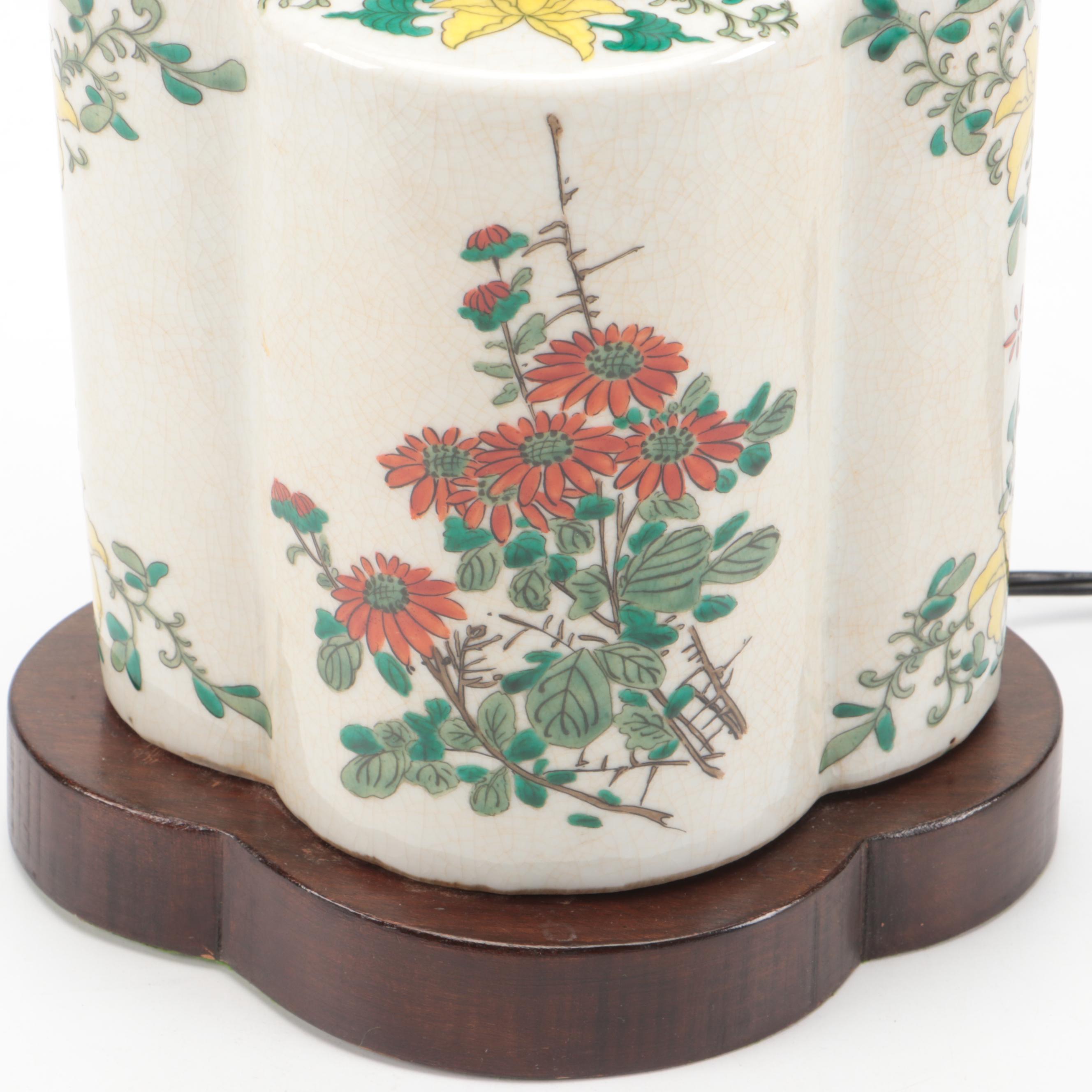 Chinese Porcelain Tea Caddy Table Lamp with Silk Shade