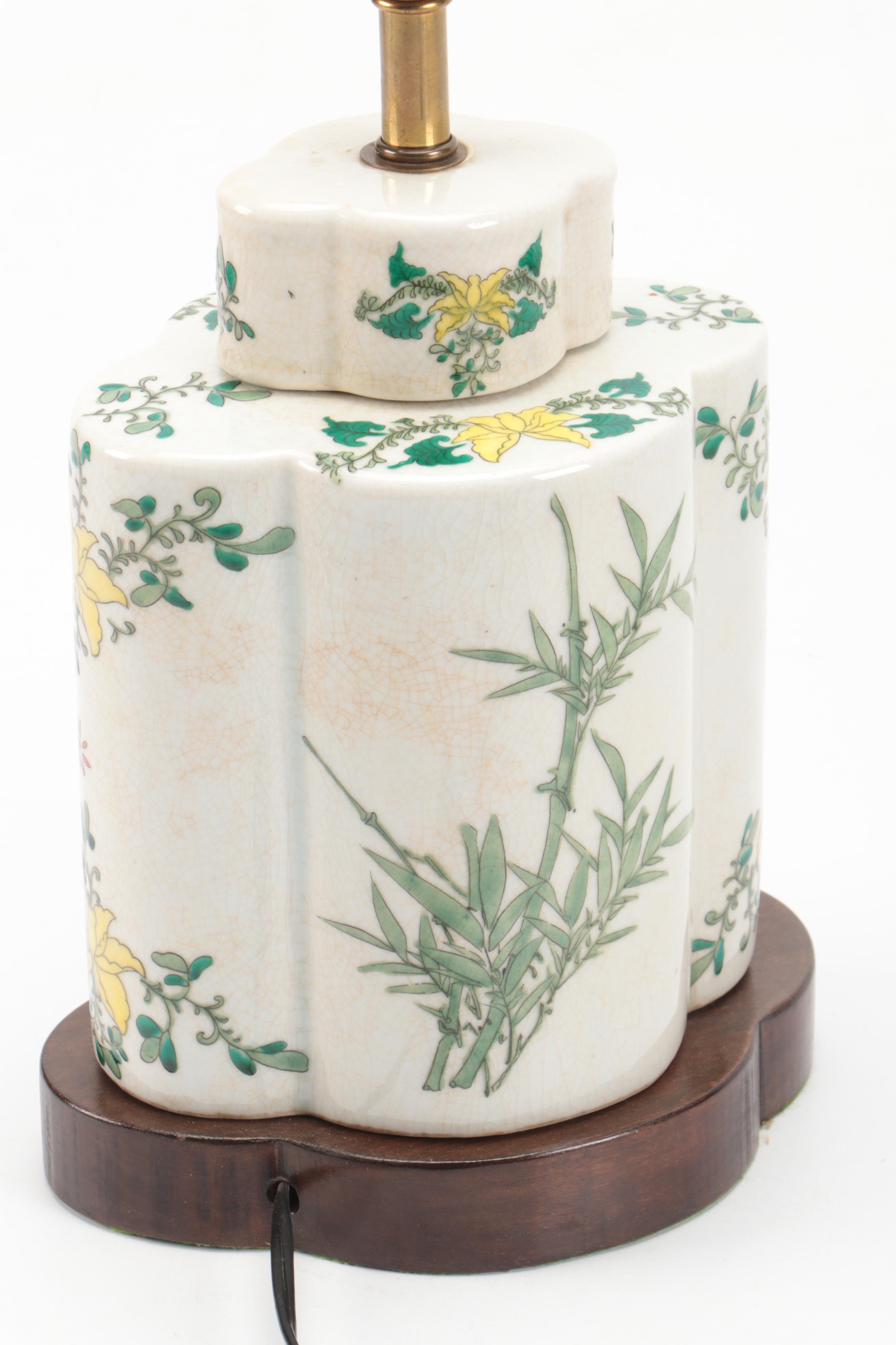 Chinese Porcelain Tea Caddy Table Lamp with Silk Shade