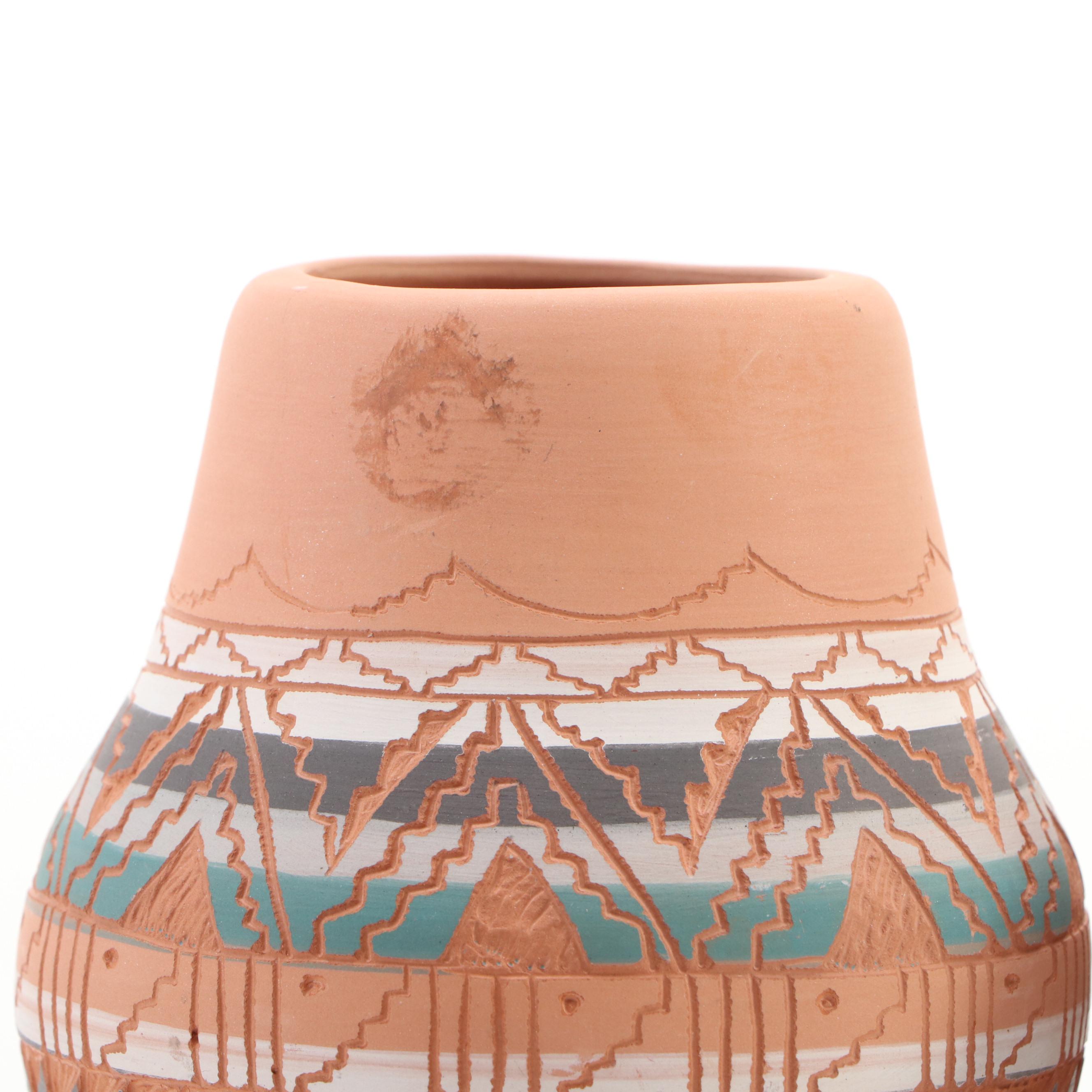 Jemez Pueblo Storyteller Figure & Navajo Diné Sgraffito Pottery Vessels, 20th C