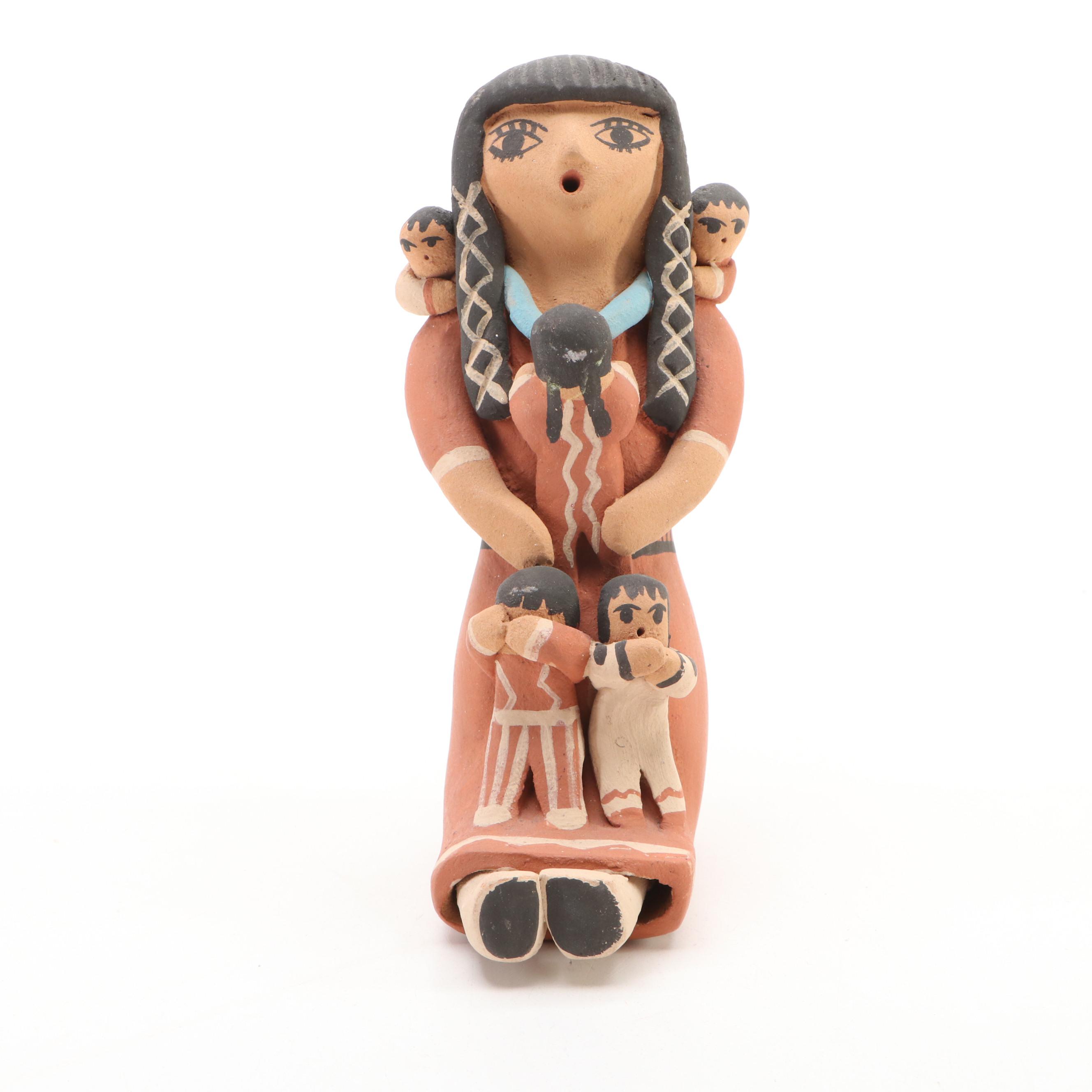 Jemez Pueblo Storyteller Figure & Navajo Diné Sgraffito Pottery Vessels, 20th C