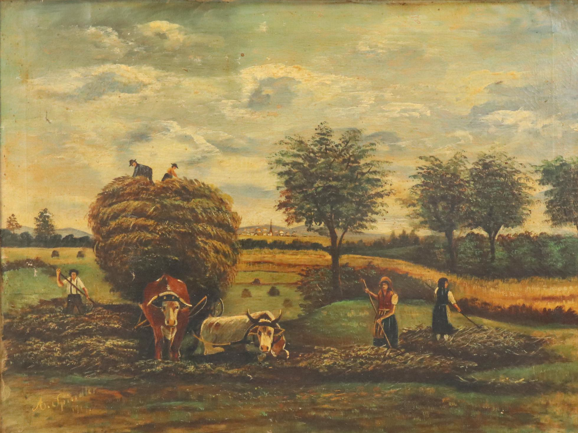 American School Folk Art Oil Painting Depicting Harvest Scene, Circa 1917