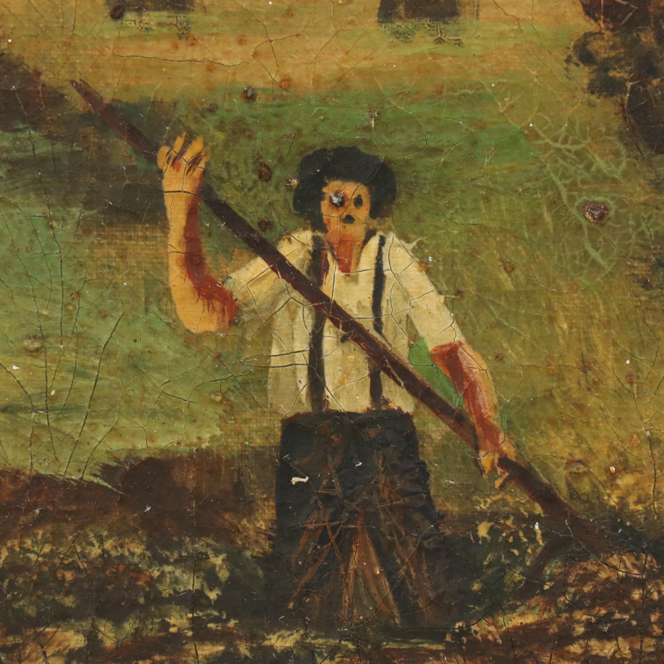 American School Folk Art Oil Painting Depicting Harvest Scene, Circa 1917