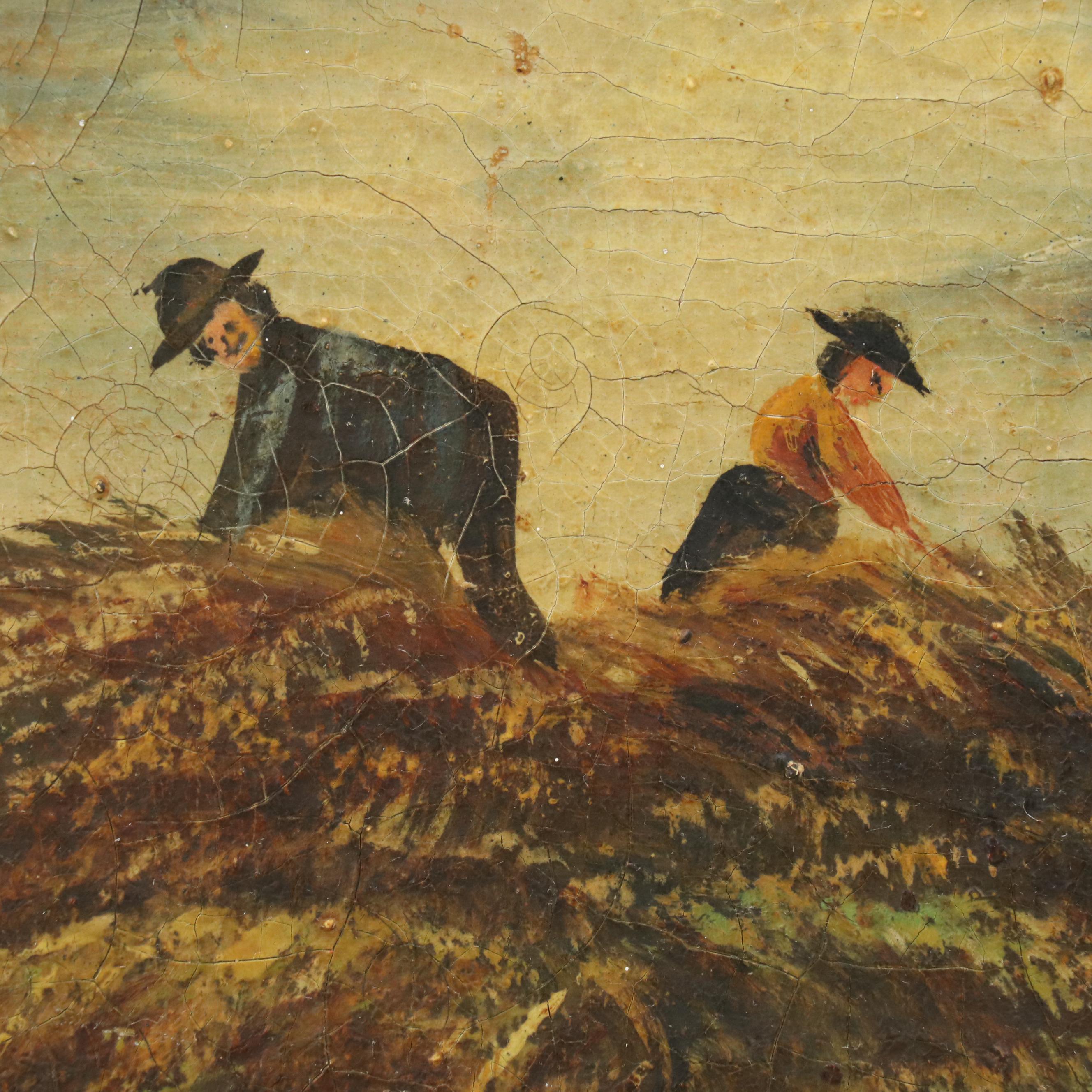 American School Folk Art Oil Painting Depicting Harvest Scene, Circa 1917