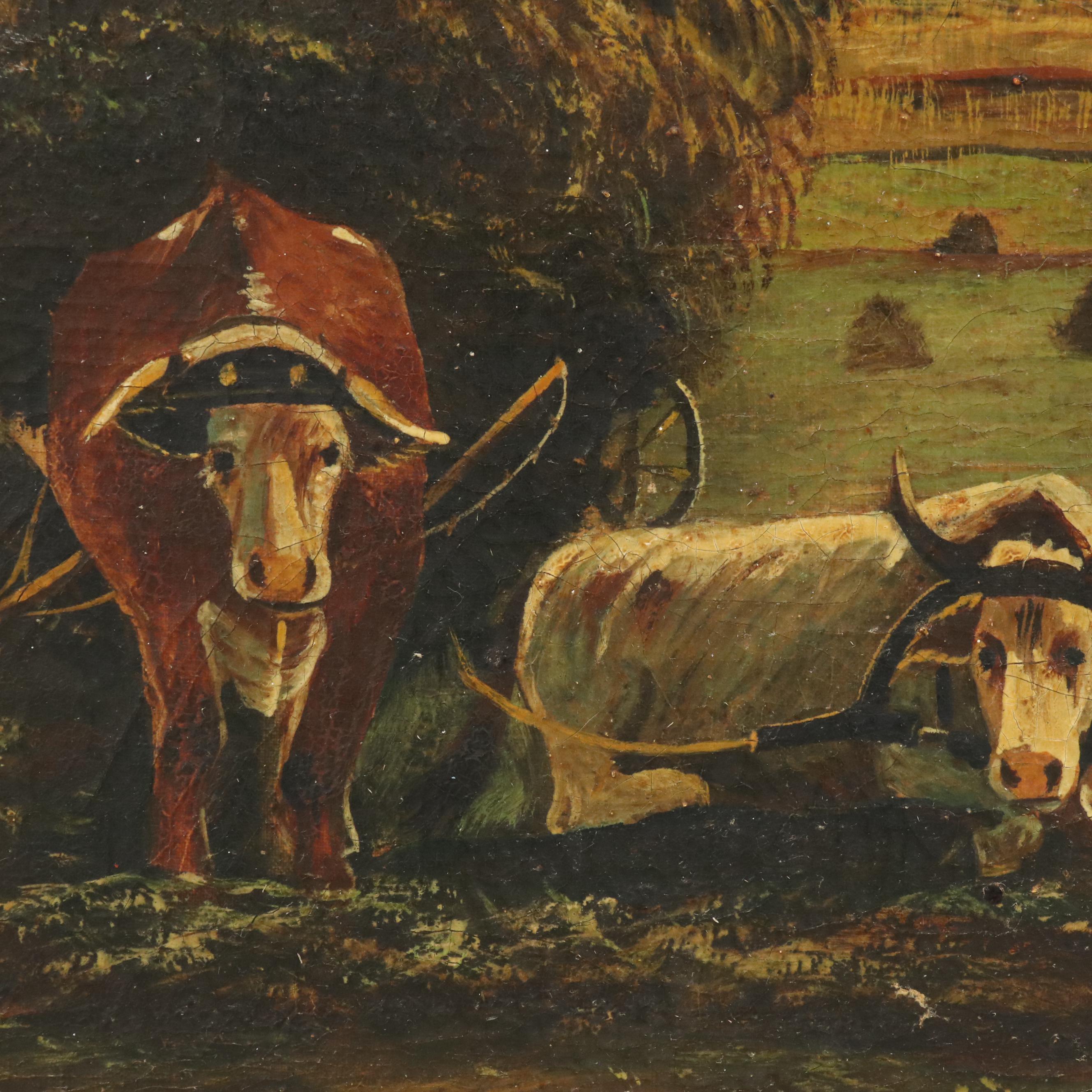 American School Folk Art Oil Painting Depicting Harvest Scene, Circa 1917