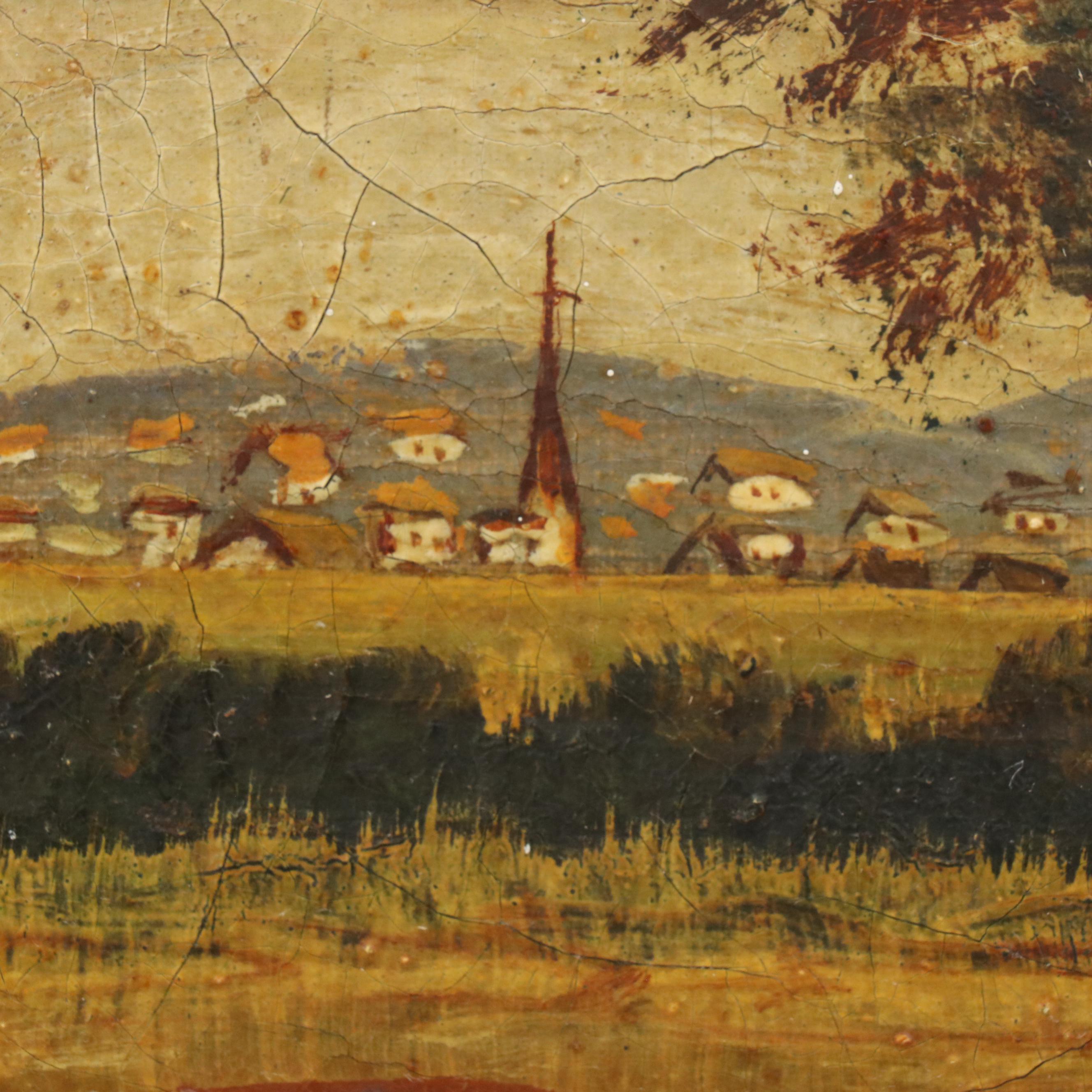 American School Folk Art Oil Painting Depicting Harvest Scene, Circa 1917