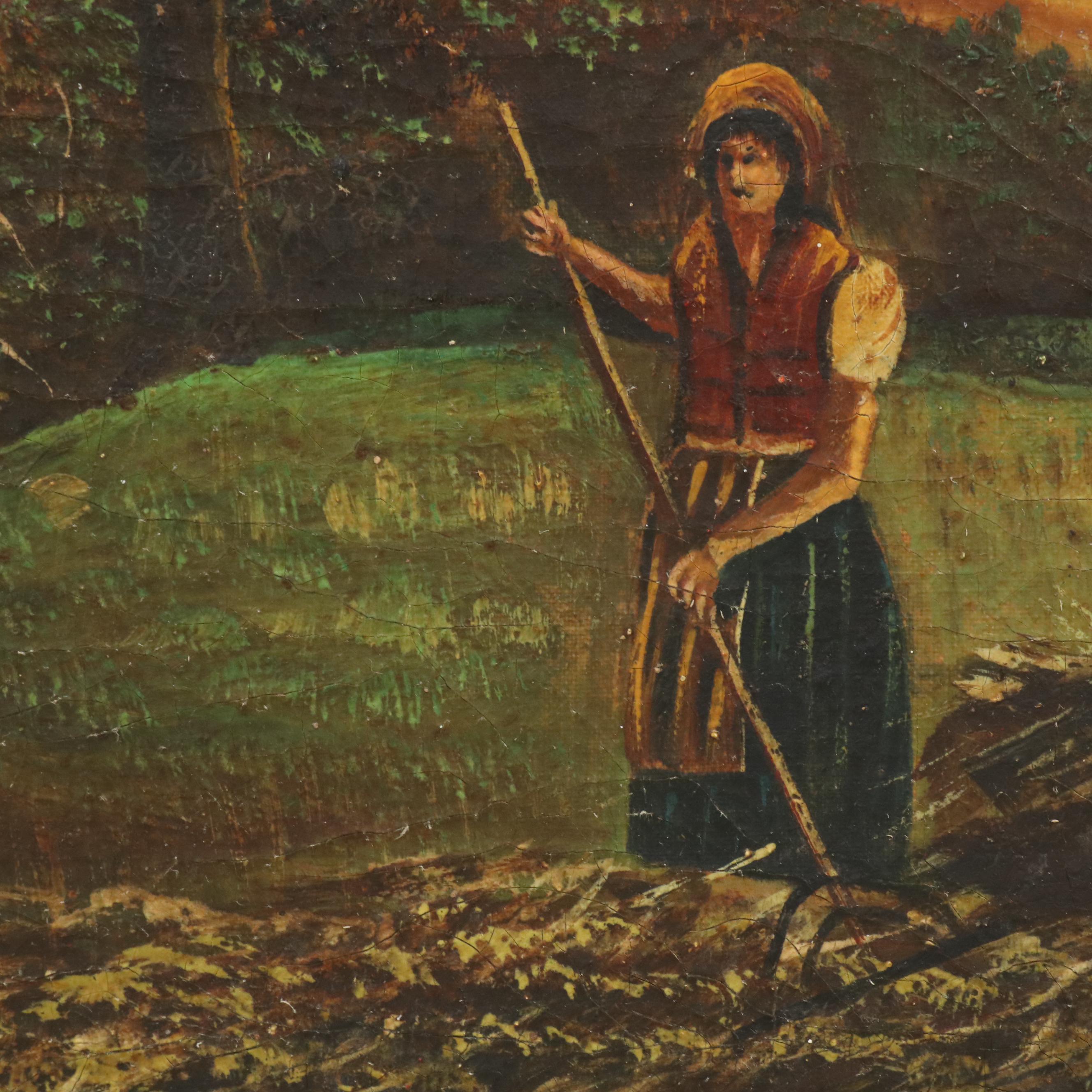 American School Folk Art Oil Painting Depicting Harvest Scene, Circa 1917