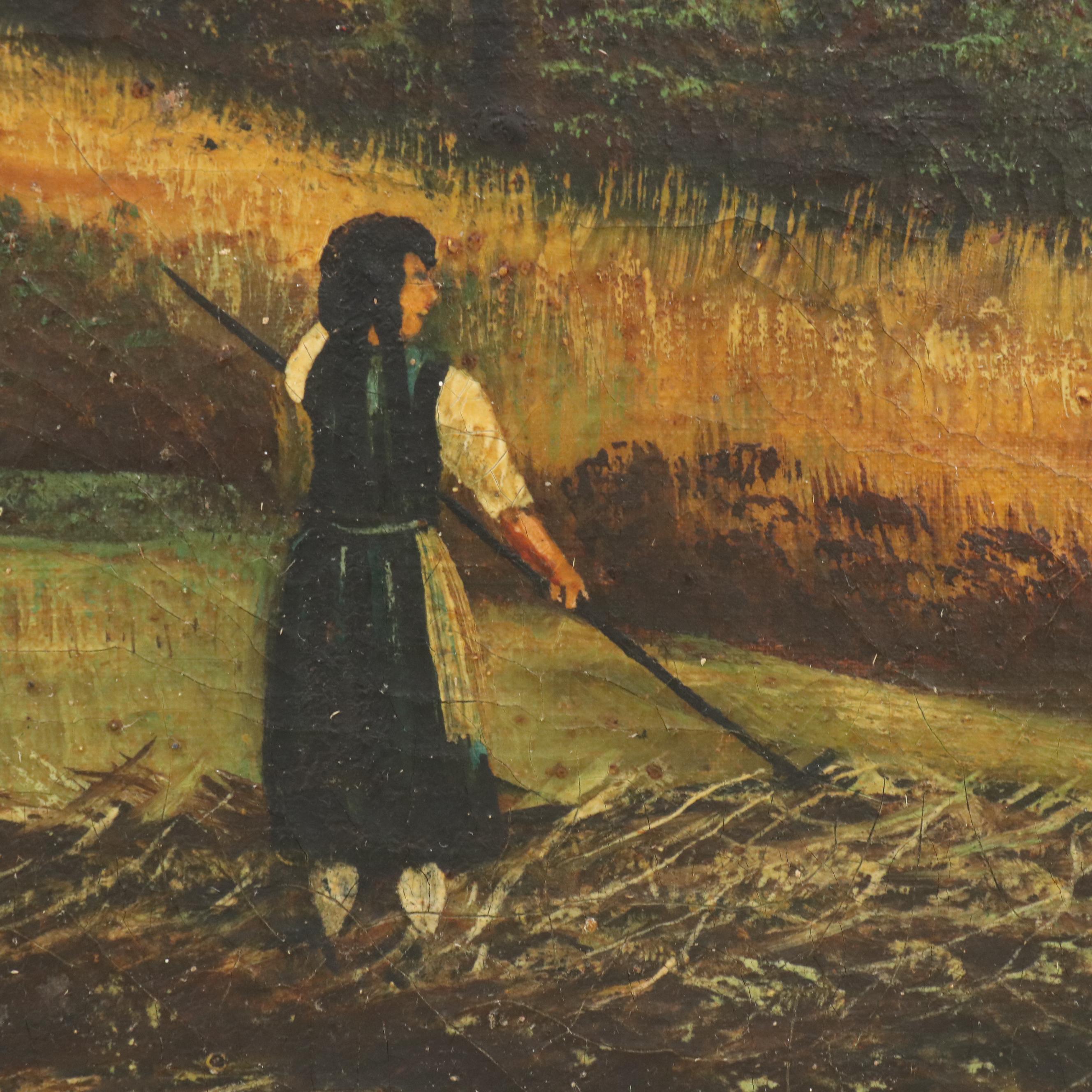 American School Folk Art Oil Painting Depicting Harvest Scene, Circa 1917