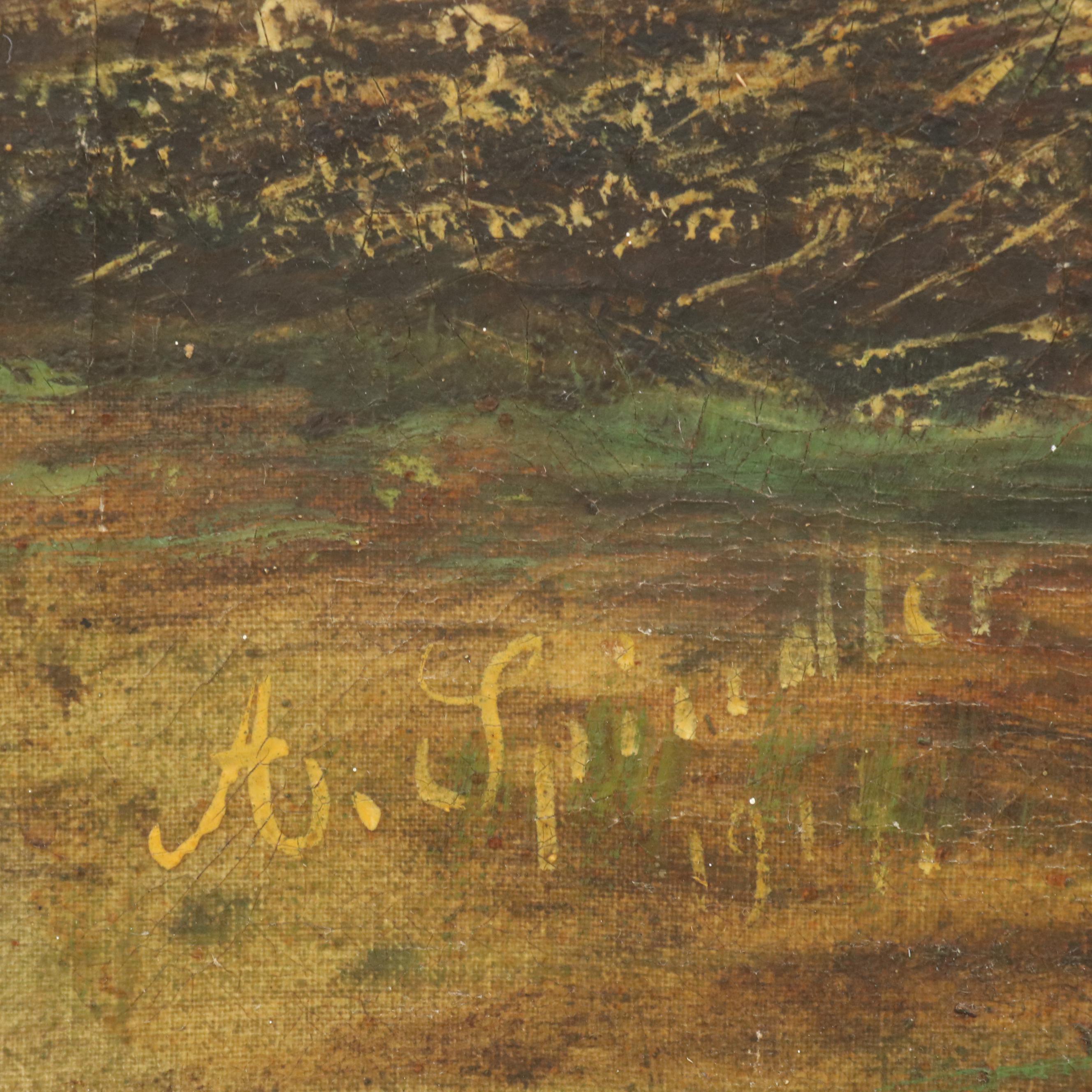 American School Folk Art Oil Painting Depicting Harvest Scene, Circa 1917