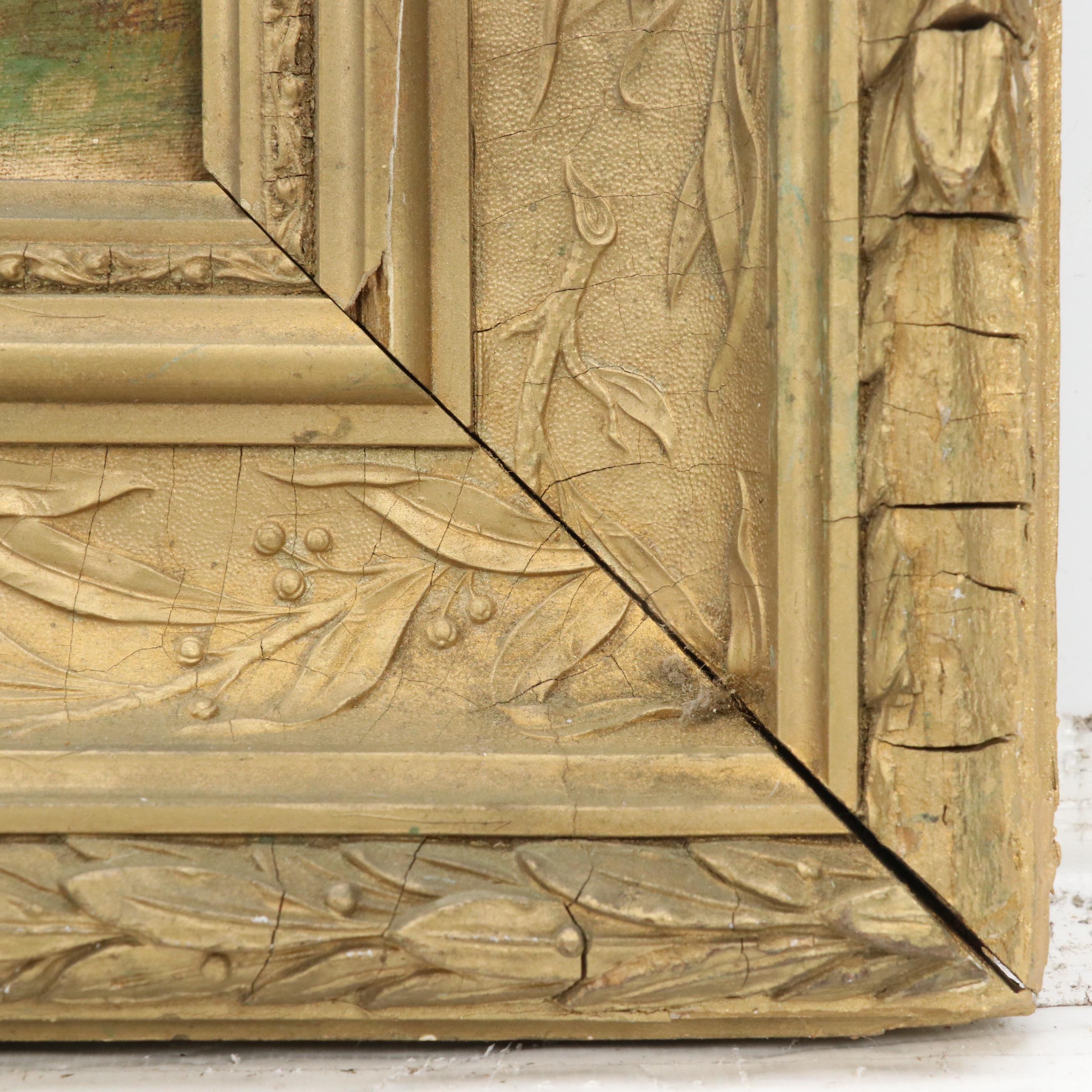 American School Folk Art Oil Painting Depicting Harvest Scene, Circa 1917