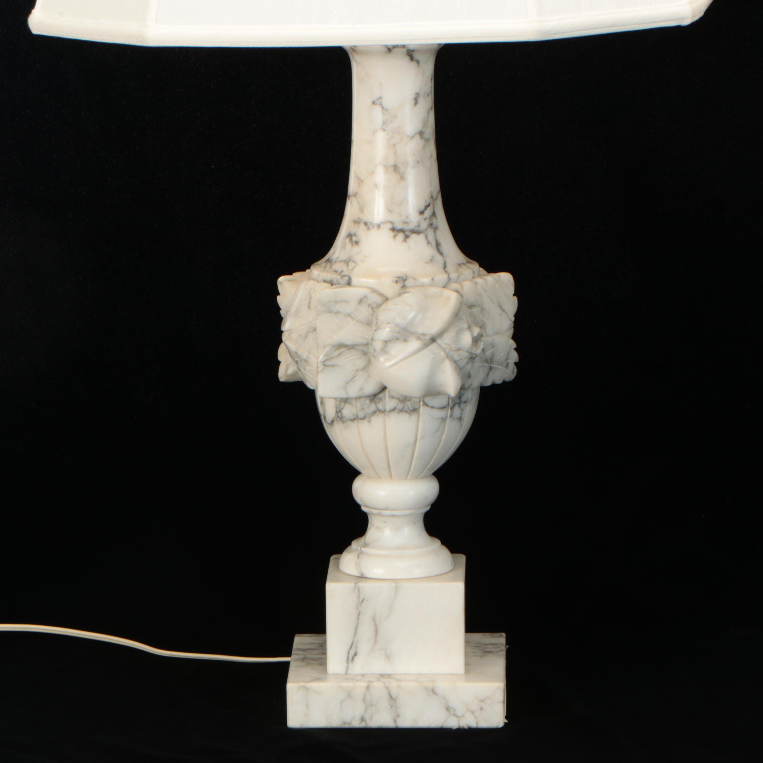 Carved Alabaster Urn Table Lamps with Matching Finials, Silk Shades