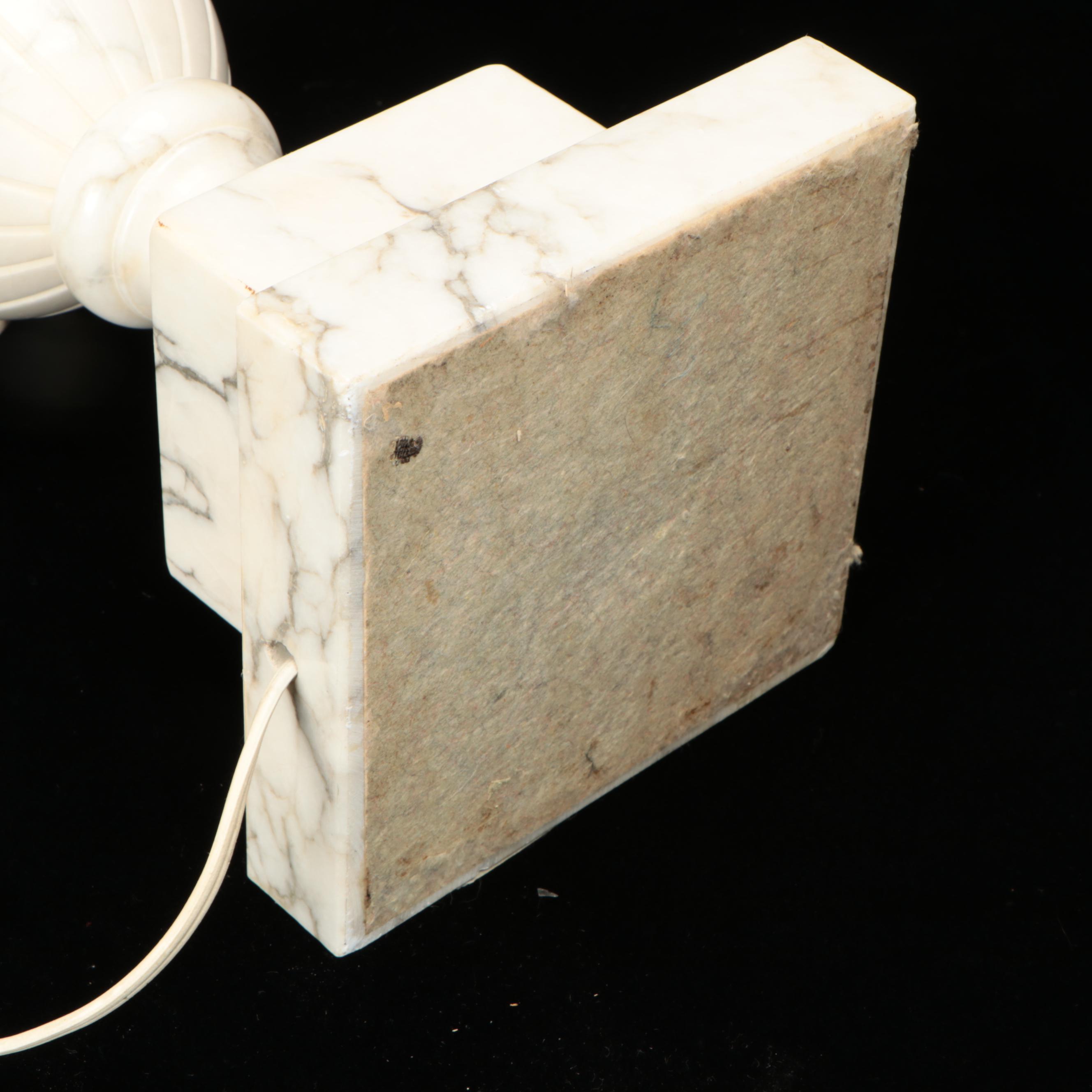 Carved Alabaster Urn Table Lamps with Matching Finials, Silk Shades