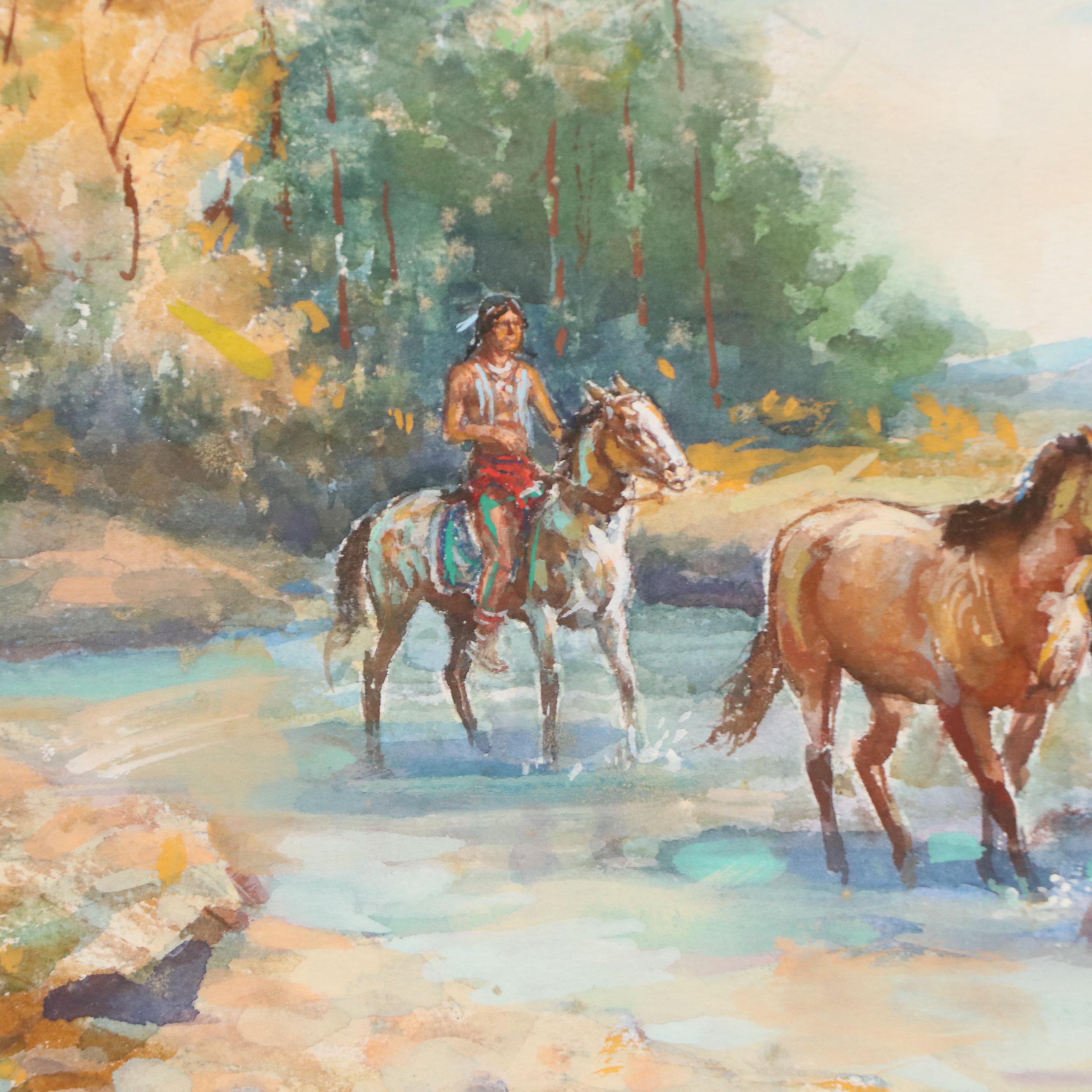 Signed Watercolor Painting of Native American Fording River with Horses, 1977