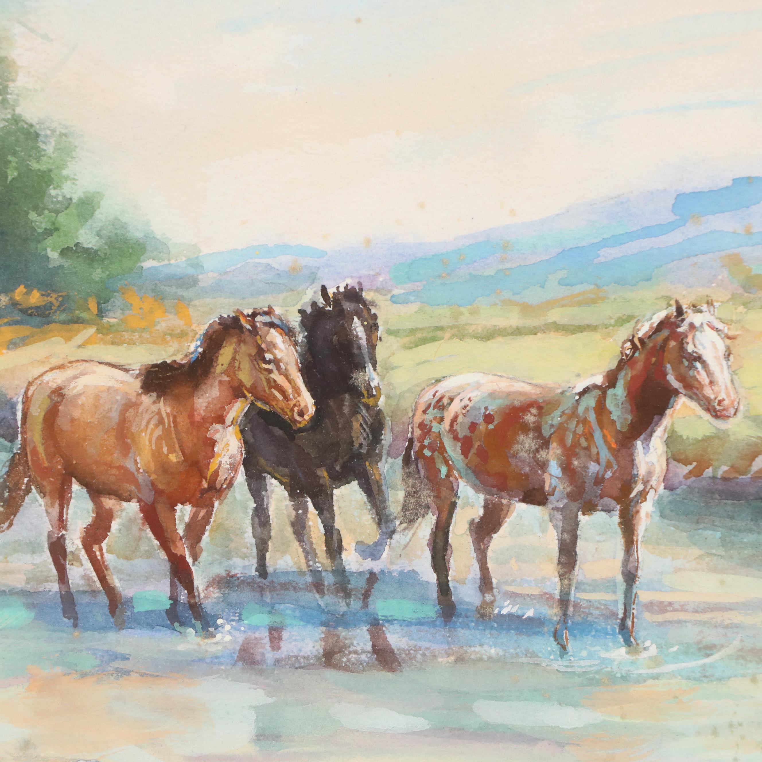 Signed Watercolor Painting of Native American Fording River with Horses, 1977