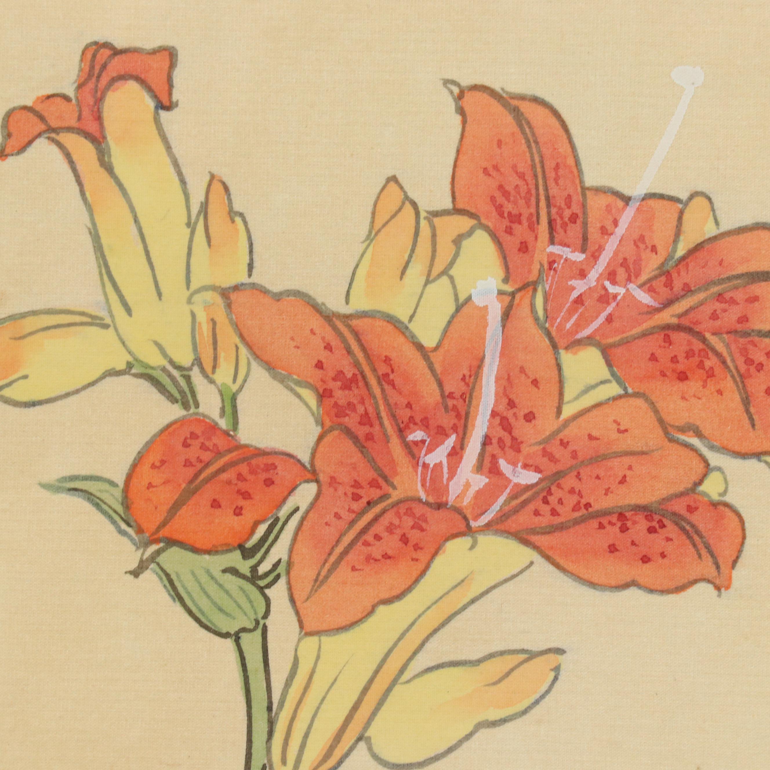 Chinese Painting on Silk of Lilies