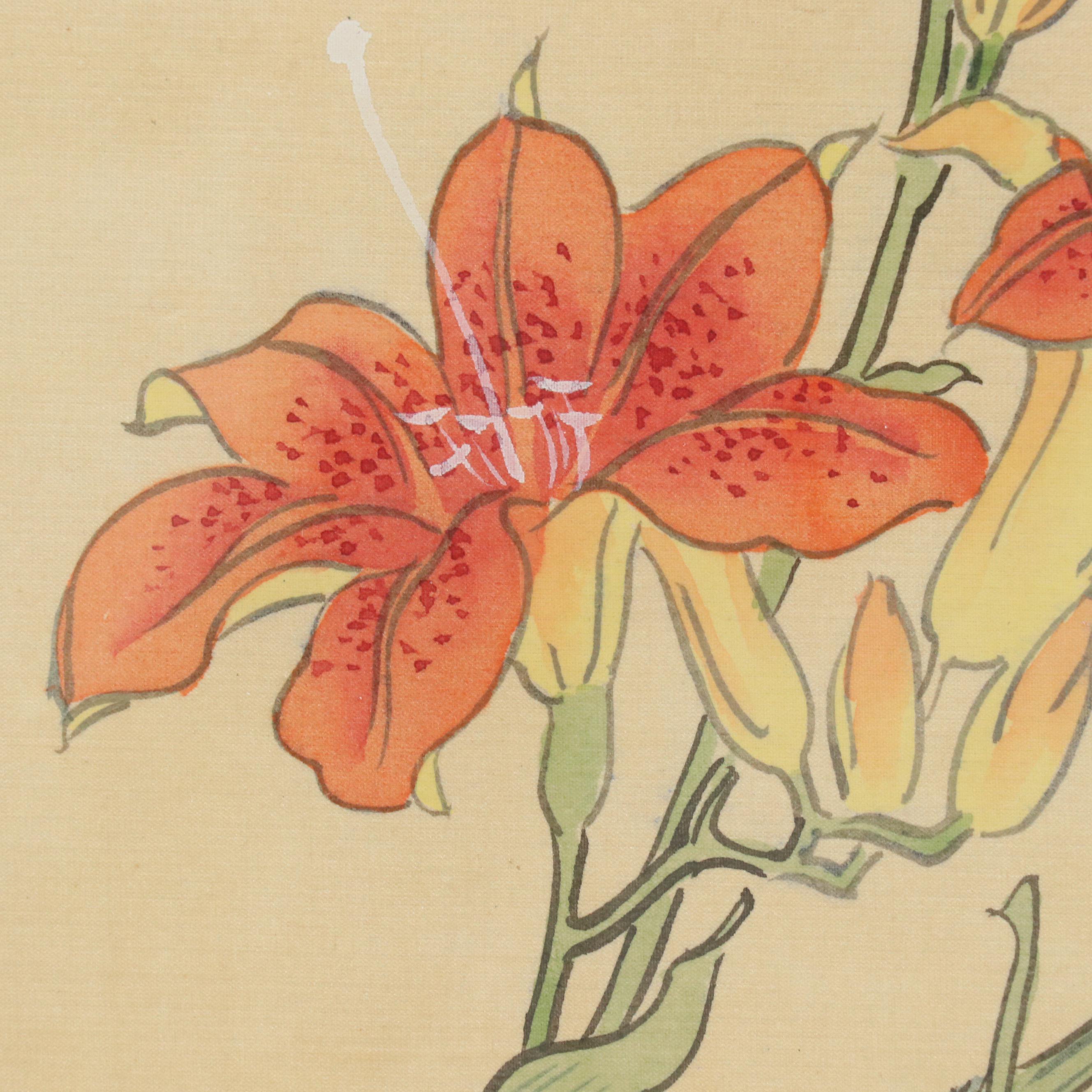 Chinese Painting on Silk of Lilies