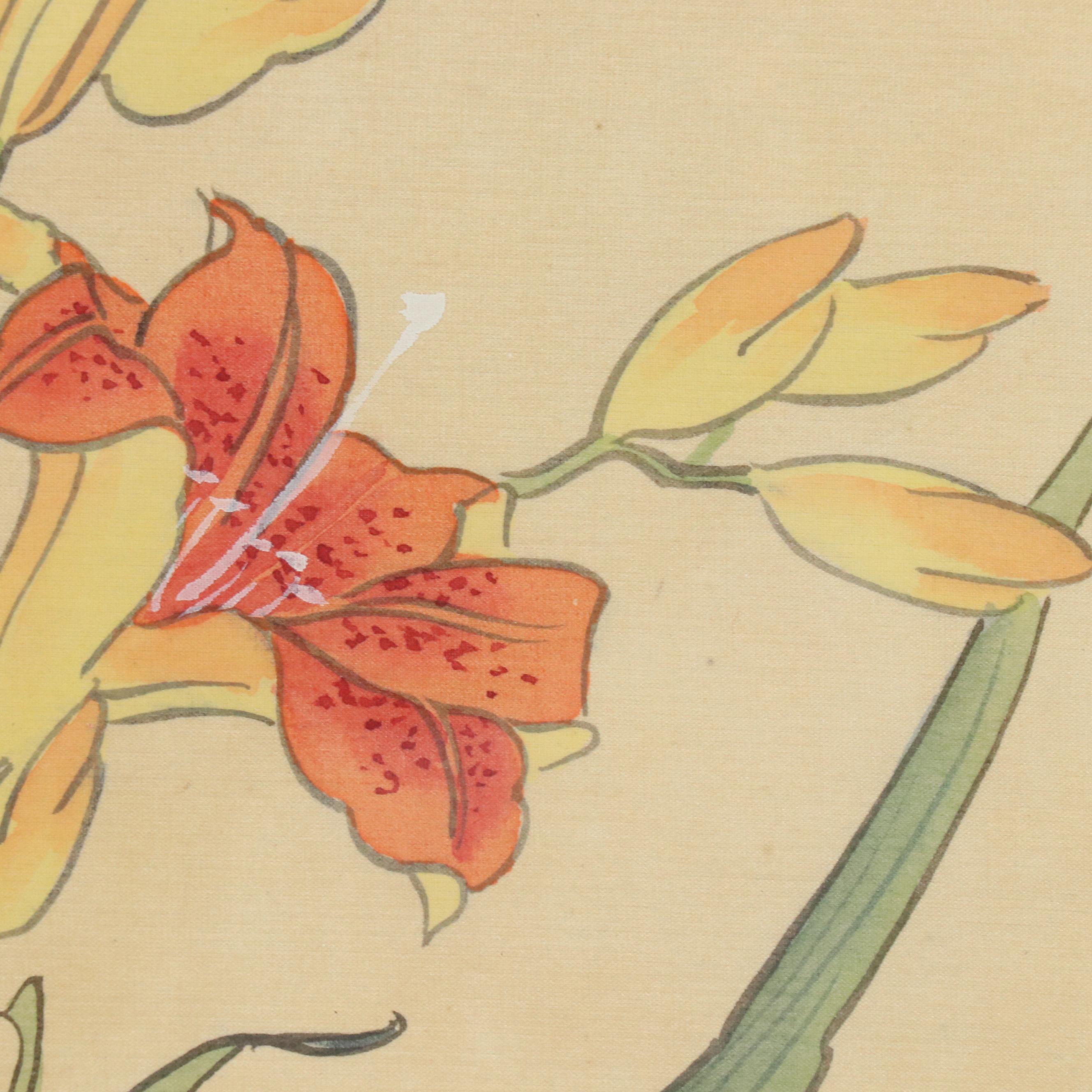 Chinese Painting on Silk of Lilies