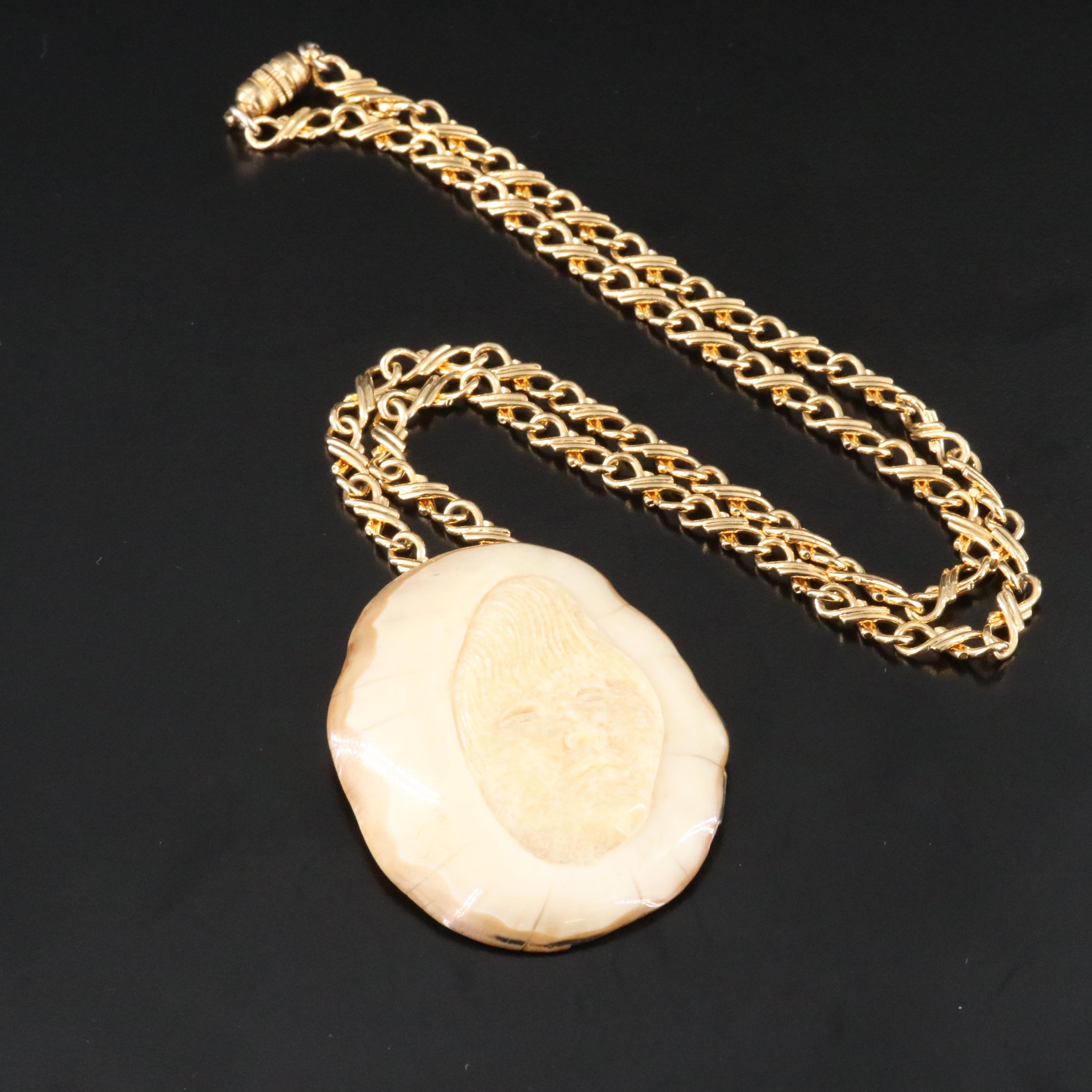 Cha Rnacircle Carved Fossil Walrus Tusk Pendant Necklace and Earrings