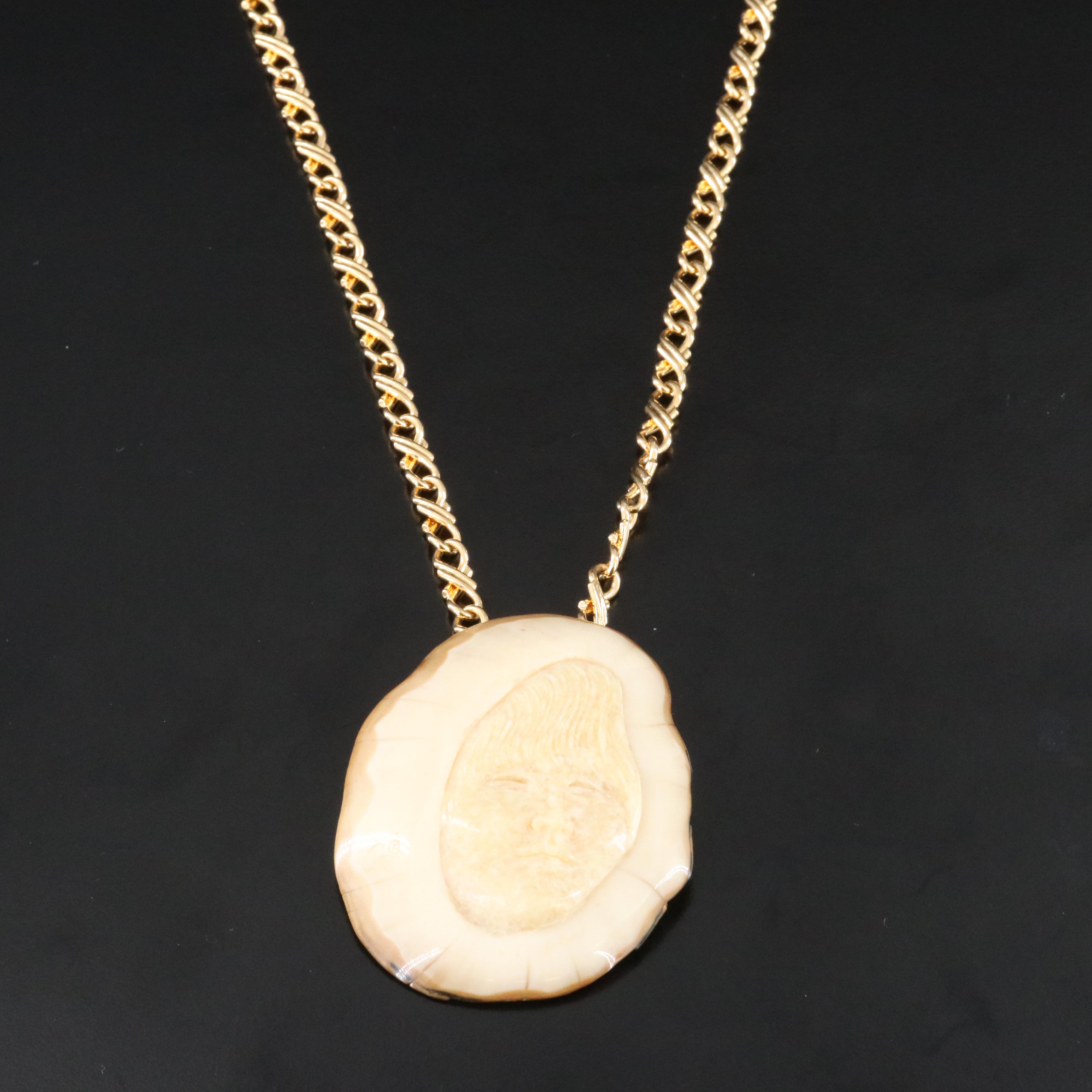 Cha Rnacircle Carved Fossil Walrus Tusk Pendant Necklace and Earrings