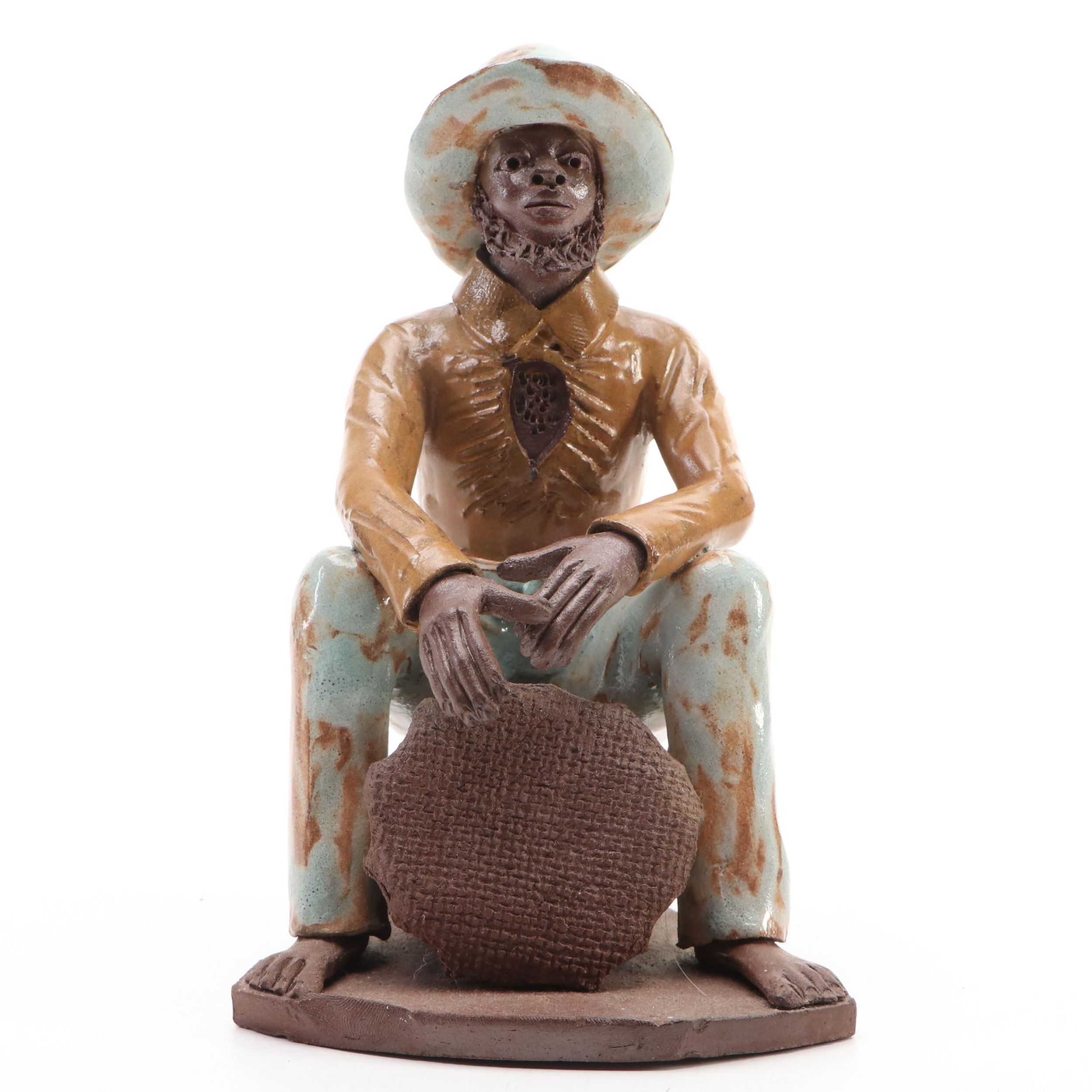 Folk Art Style Red Clay Drummer Musician Figure, 20th Century, Possibly Jamaican