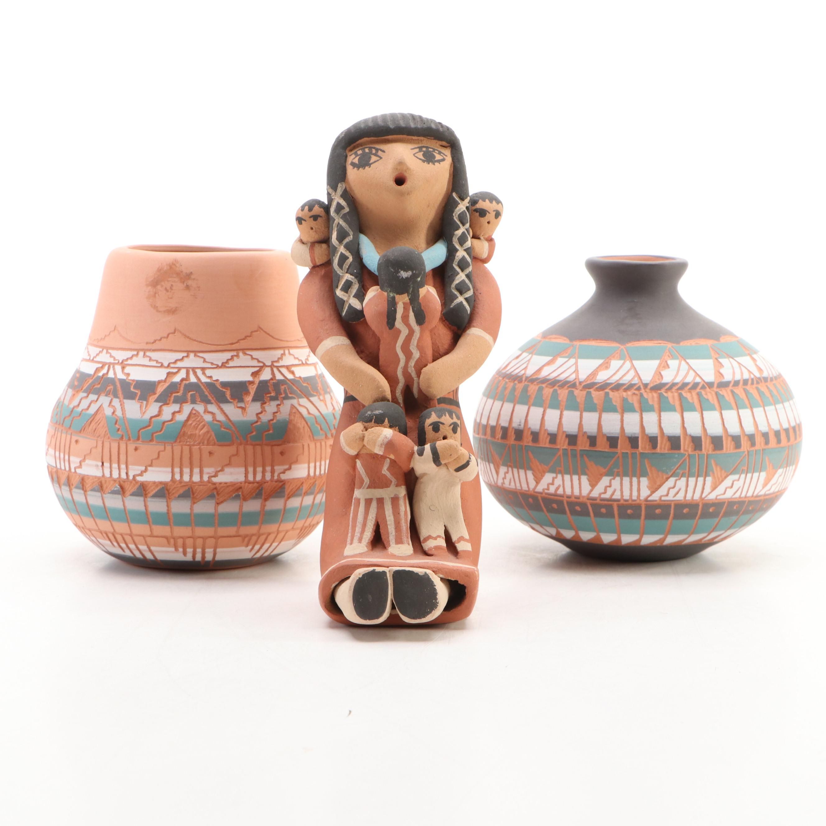 Jemez Pueblo Storyteller Figure & Navajo Diné Sgraffito Pottery Vessels, 20th C