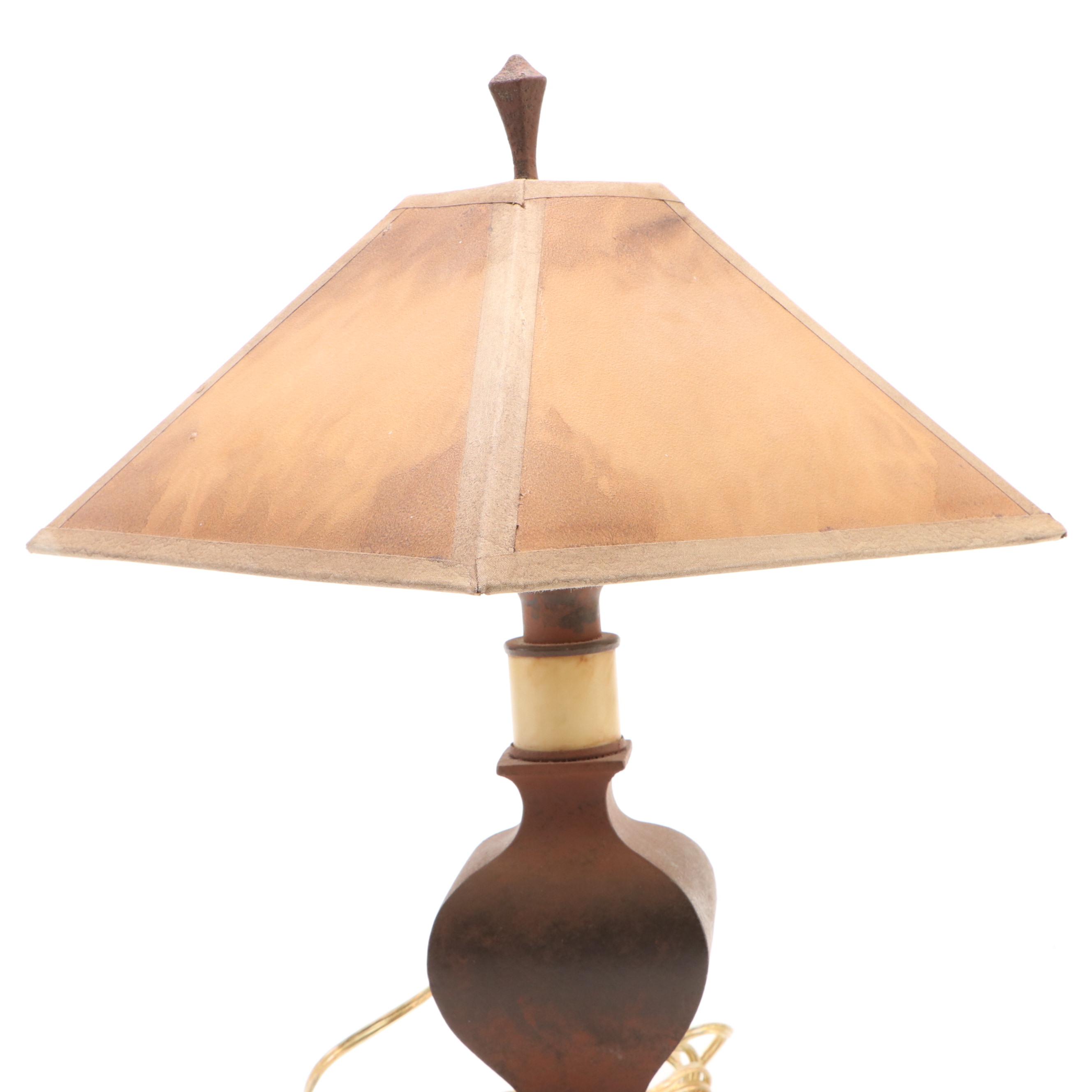Rustic Bronze Patinated Brass Square Urn Table Lamp with Suede Shade