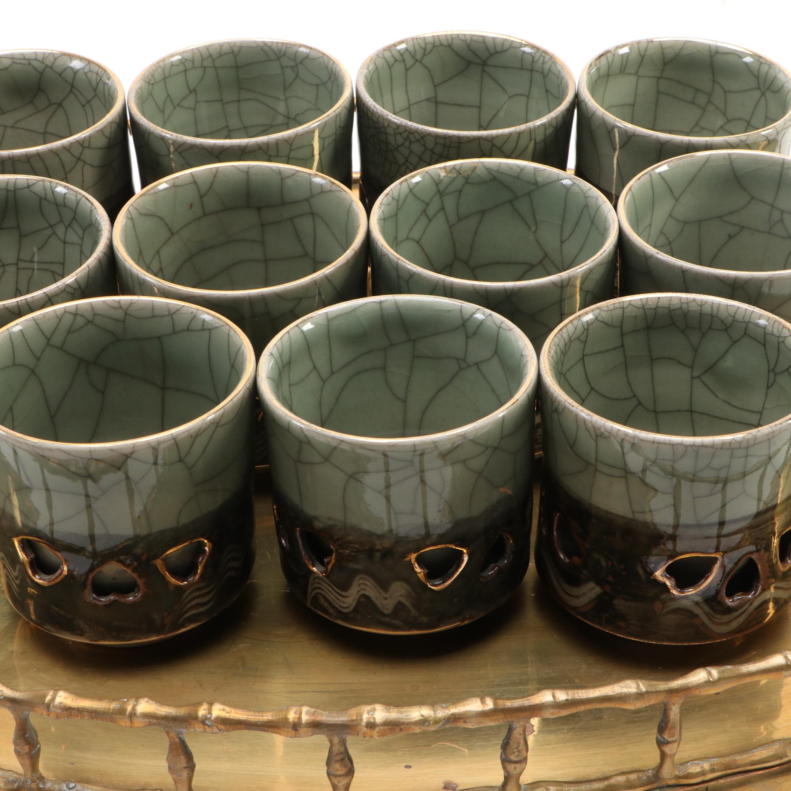 Somayaki Gilt and Crackle Ceramic Cups with Bamboo Pattern Tray