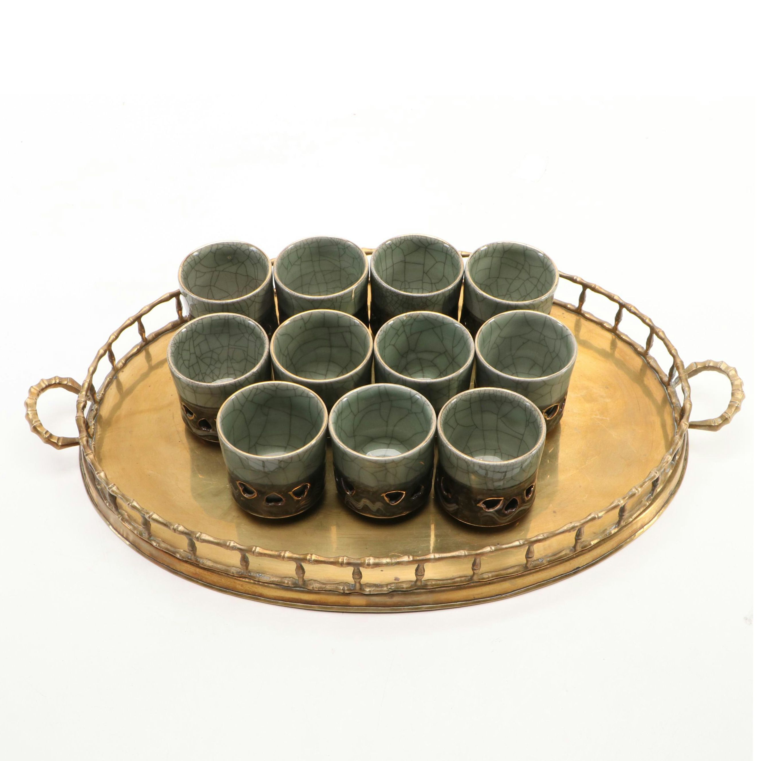 Somayaki Gilt and Crackle Ceramic Cups with Bamboo Pattern Tray