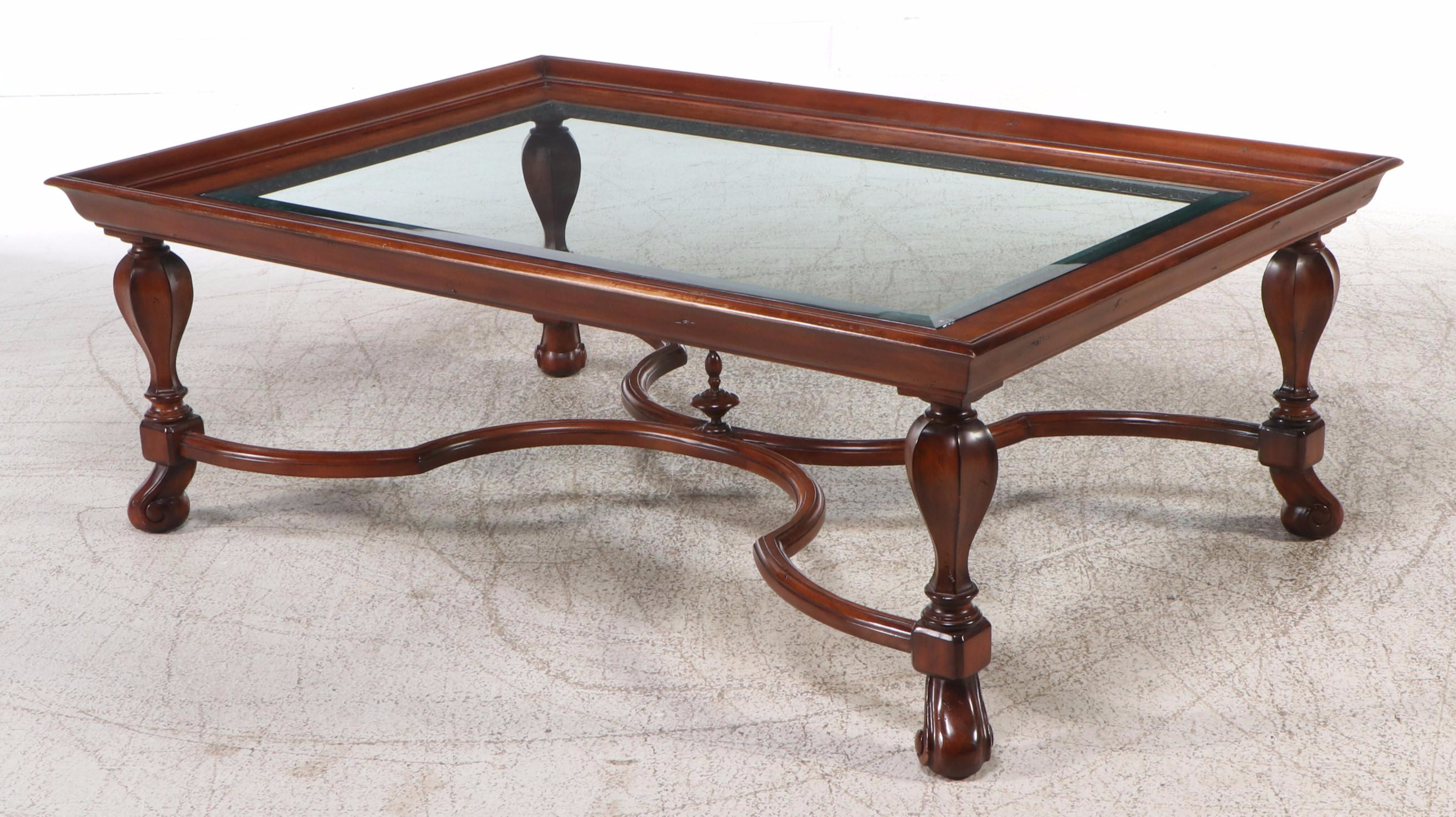 Renaissance Revival Style Mahogany Coffee Table with Glass Top