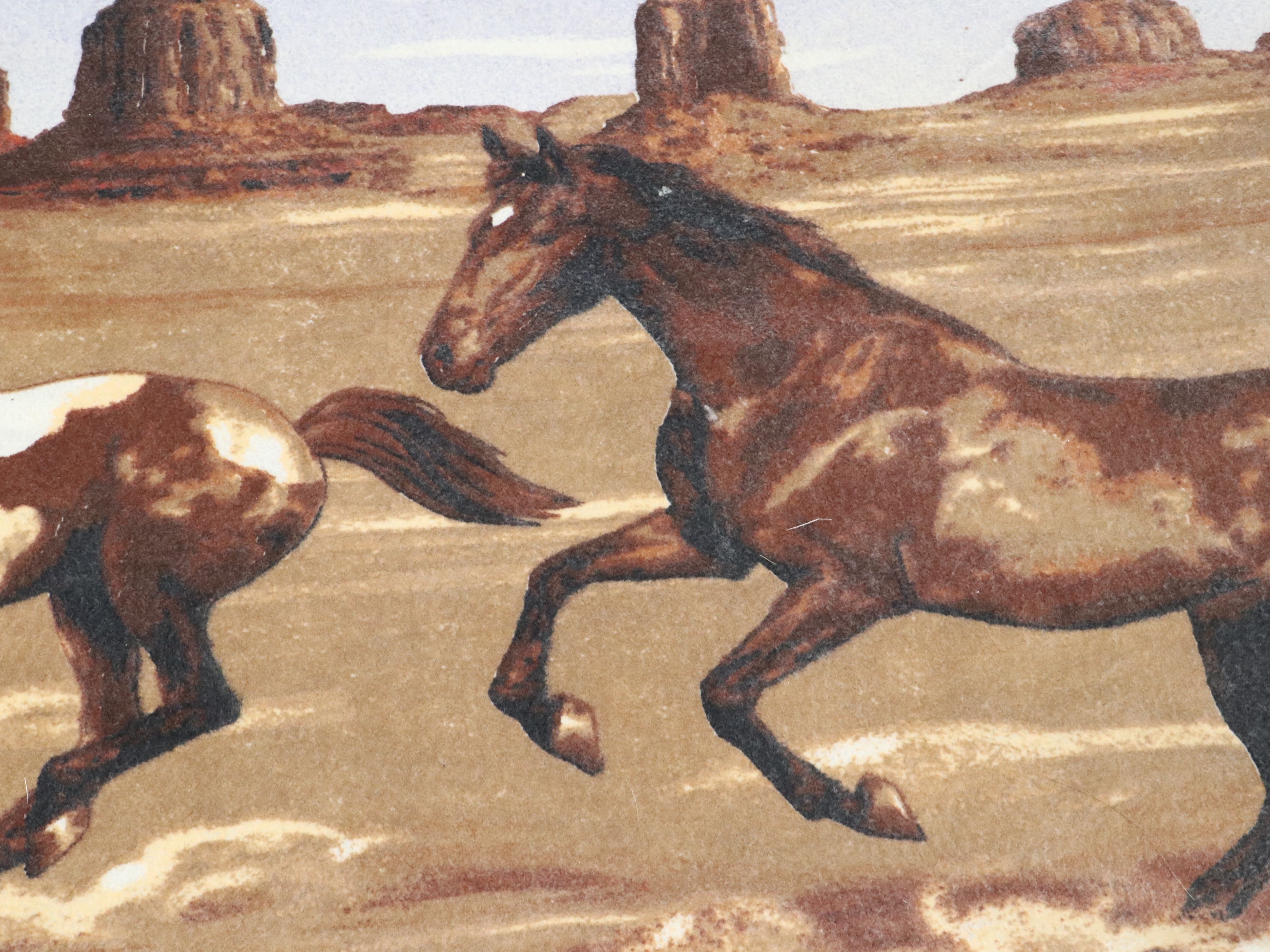 Southwest Desert and Galloping Horse Blanket with Wooden Conestoga Wagon Model