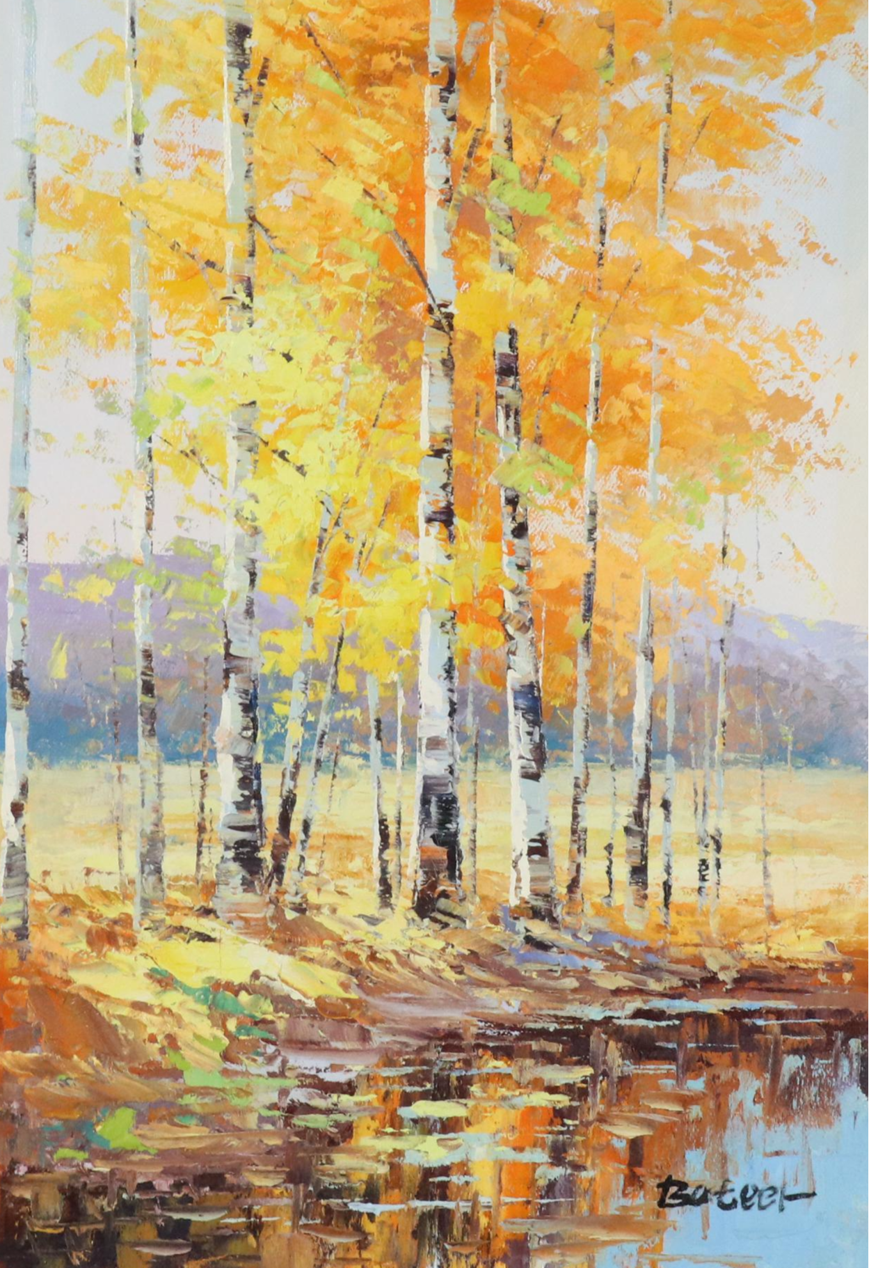 Bateer Impasto Oil Landscape Painting of Autumn Birch Grove, 21st Century