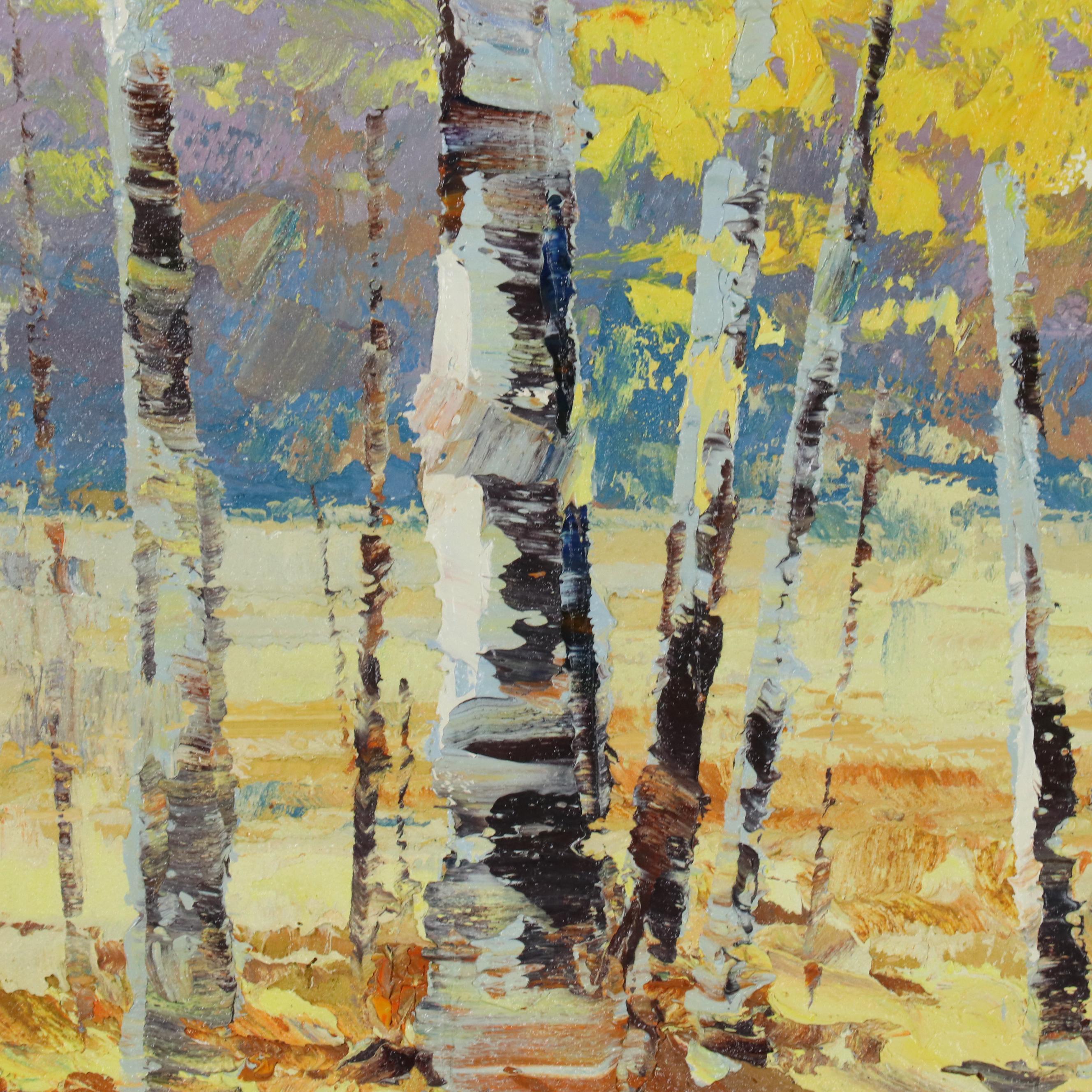 Bateer Impasto Oil Landscape Painting of Autumn Birch Grove, 21st Century