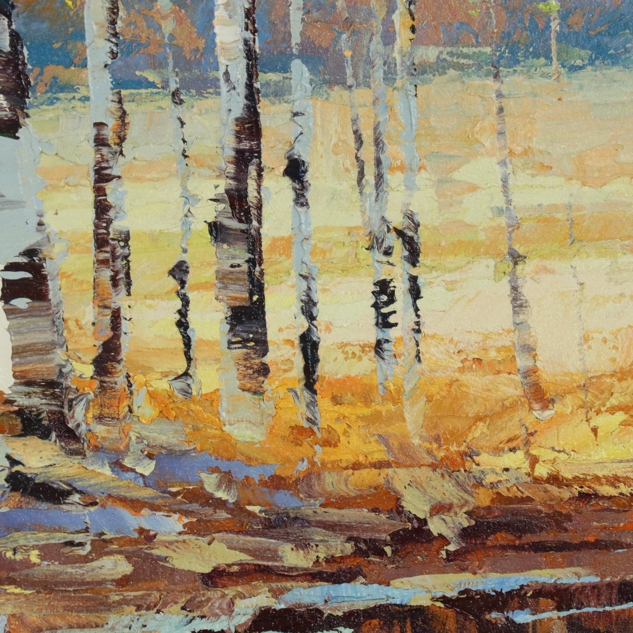 Bateer Impasto Oil Landscape Painting of Autumn Birch Grove, 21st Century