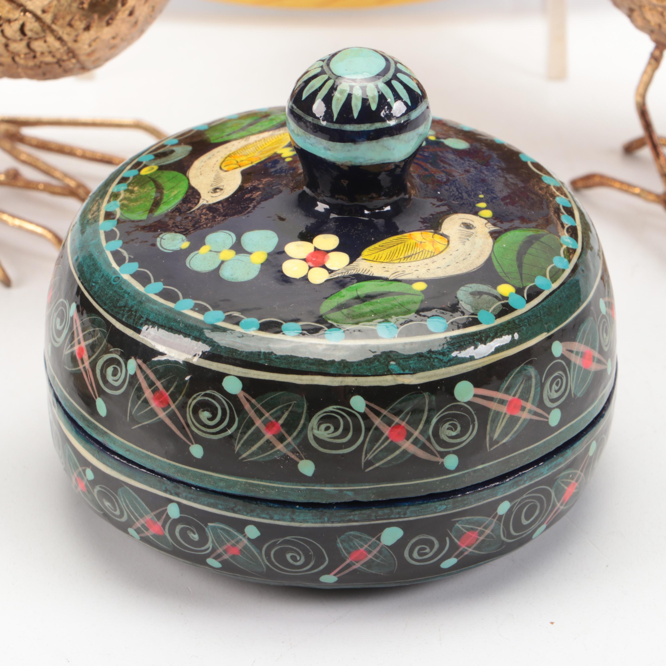 Majolica Wall Plate, Decorative Wood Box, and Gilt Bird Figurines