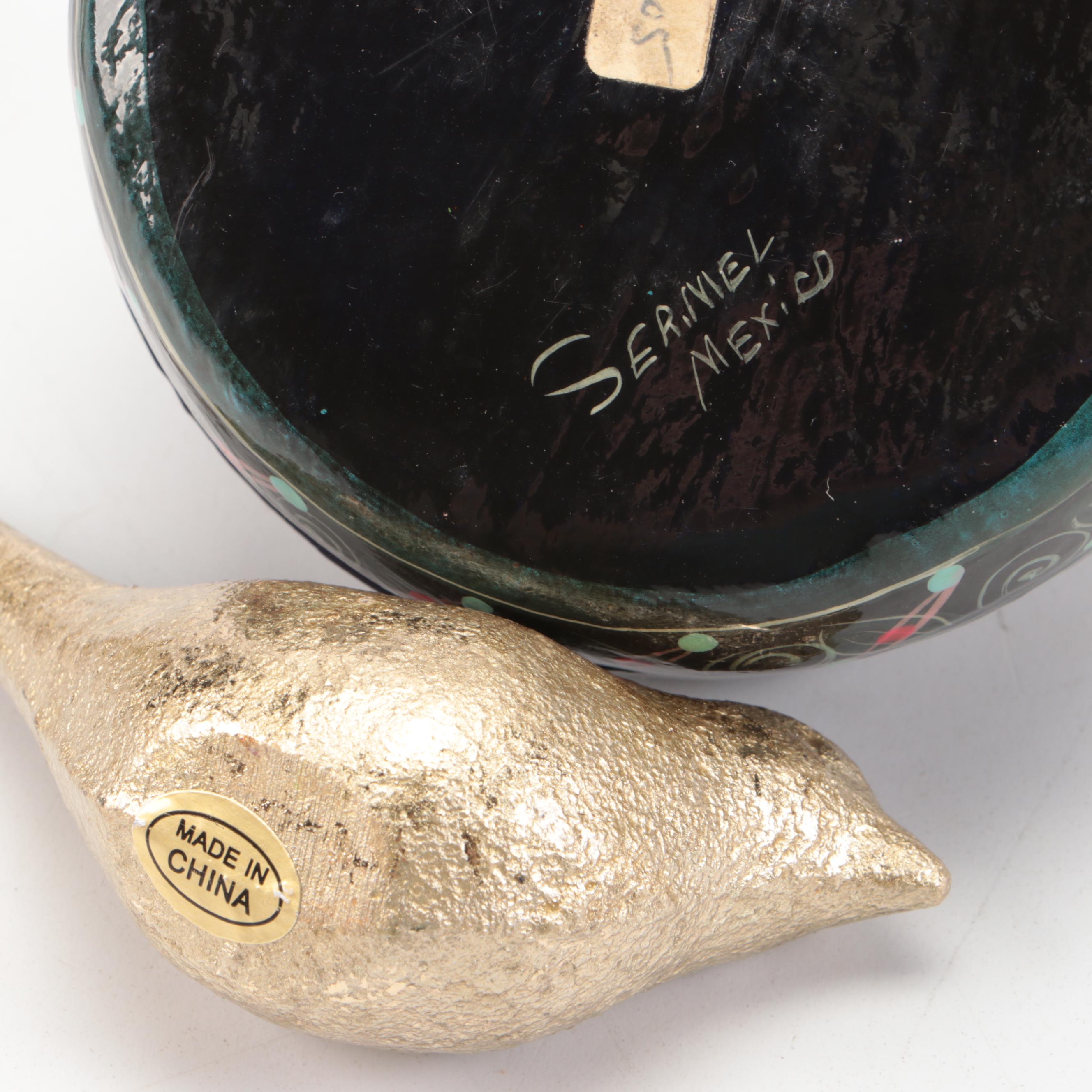 Majolica Wall Plate, Decorative Wood Box, and Gilt Bird Figurines