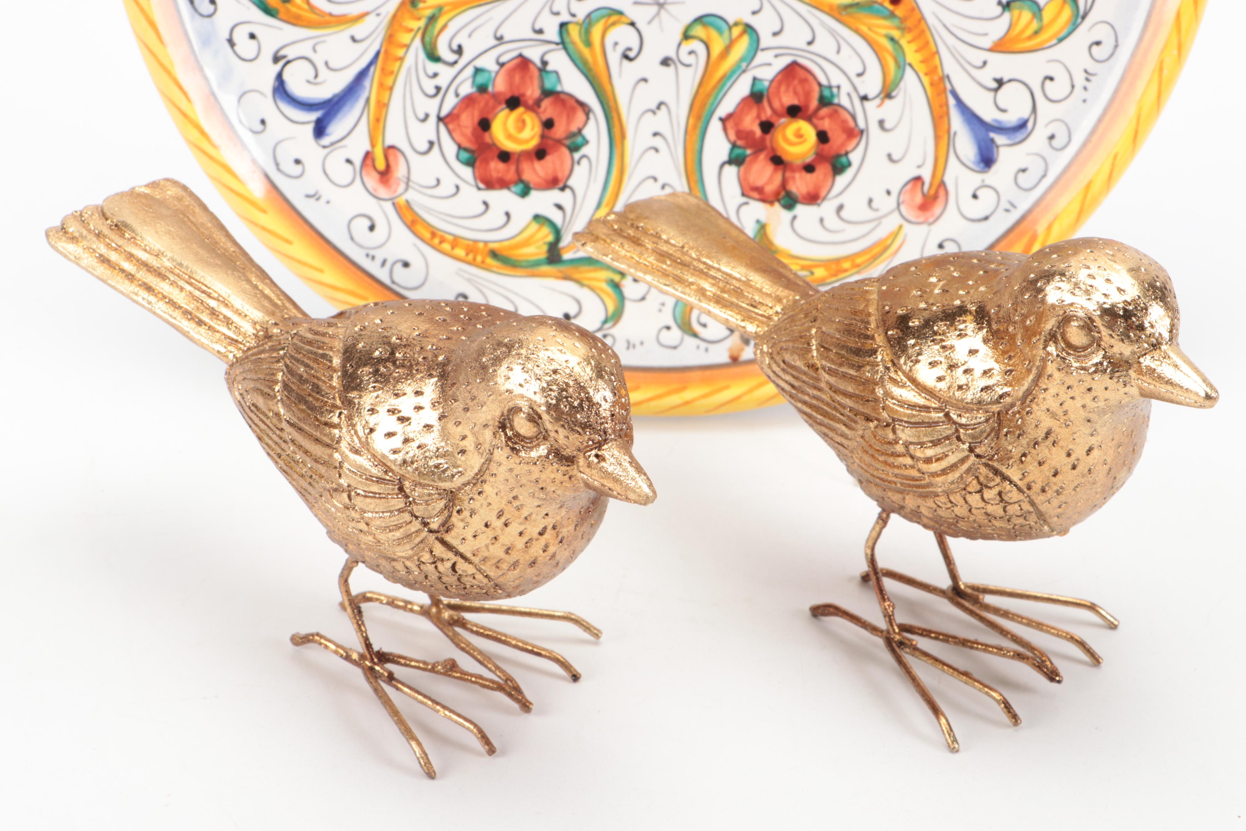 Majolica Wall Plate, Decorative Wood Box, and Gilt Bird Figurines