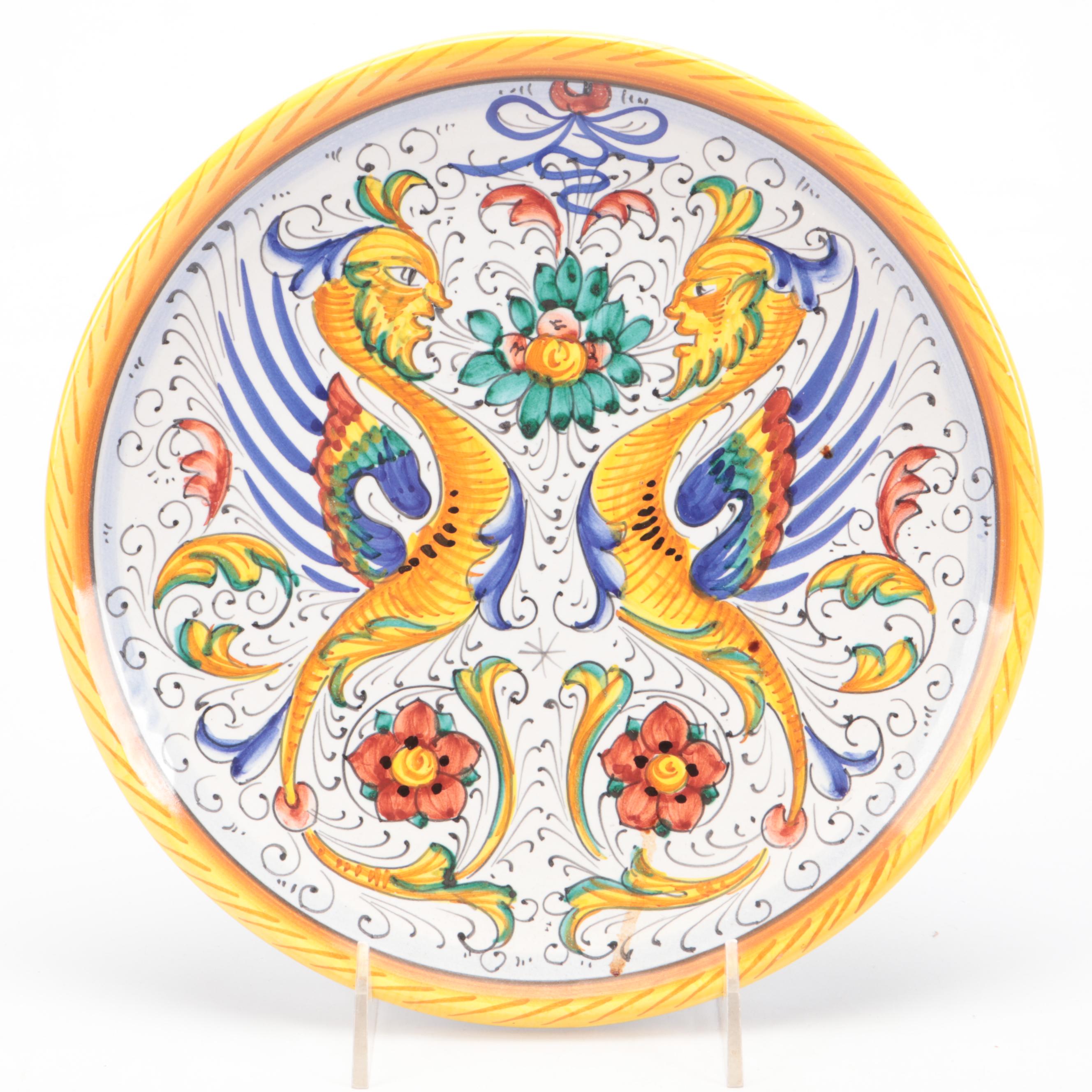 Majolica Wall Plate, Decorative Wood Box, and Gilt Bird Figurines