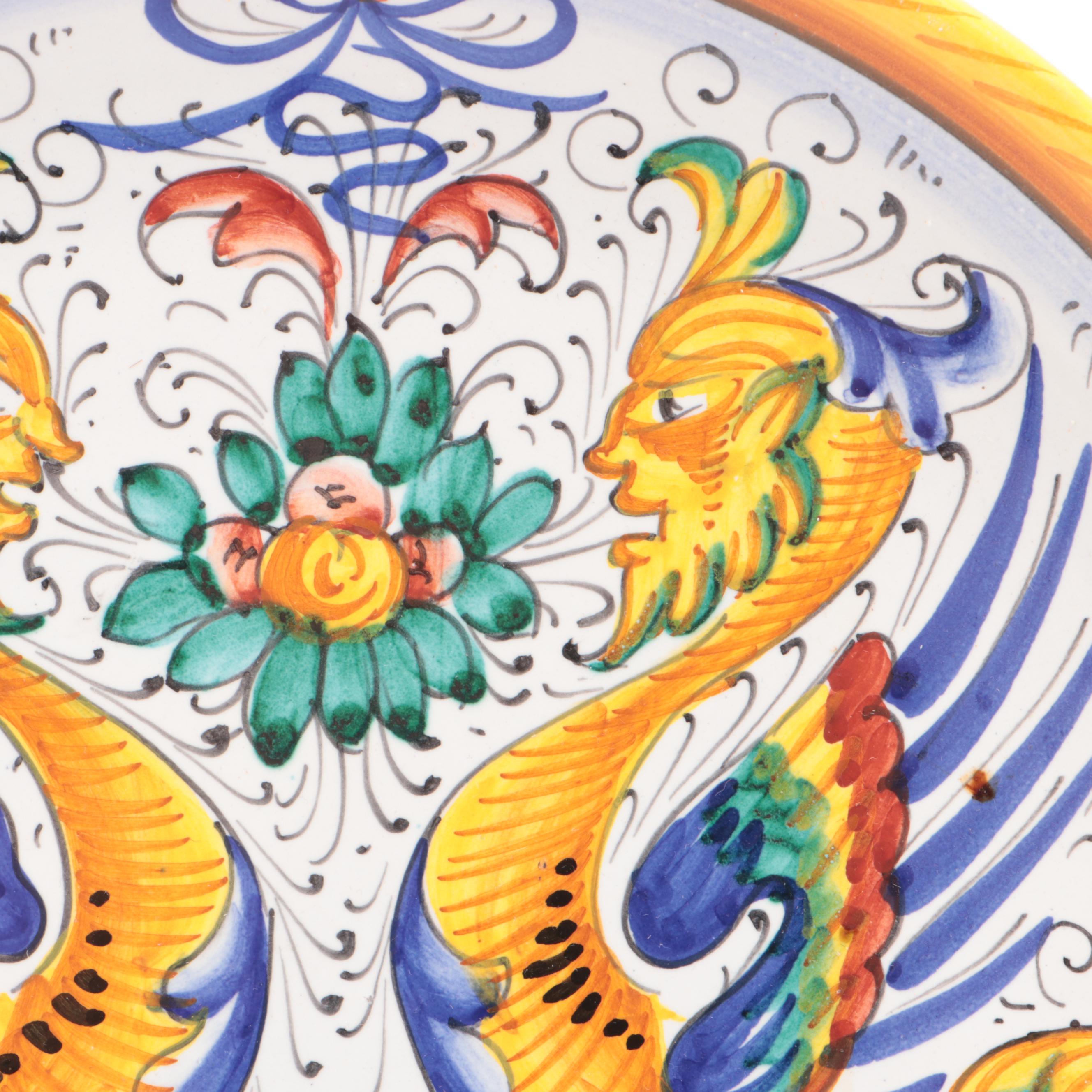 Majolica Wall Plate, Decorative Wood Box, and Gilt Bird Figurines