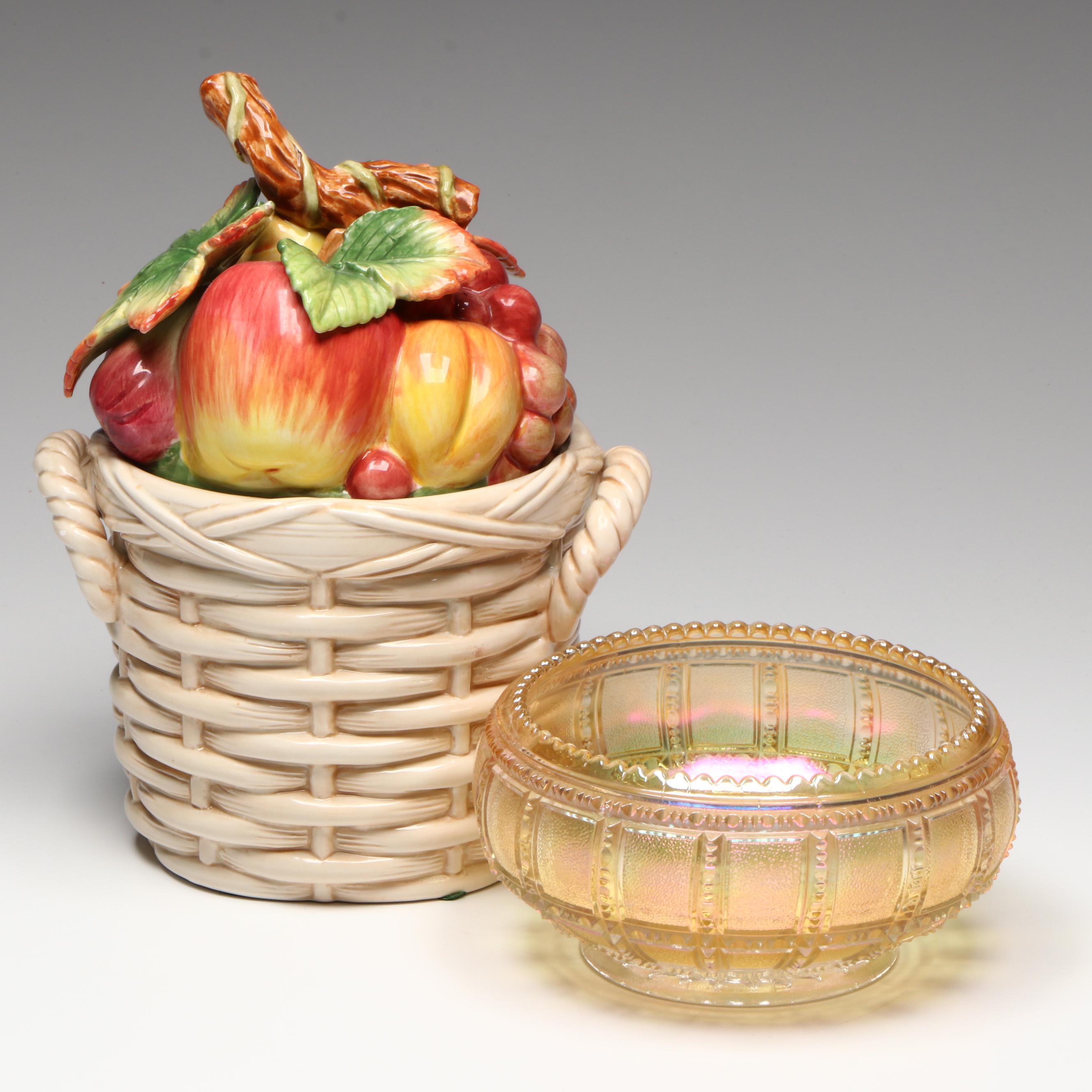 Imperial Glass Beaded Block Iridescent Glass Bowl with Fitz & Floyd Canister