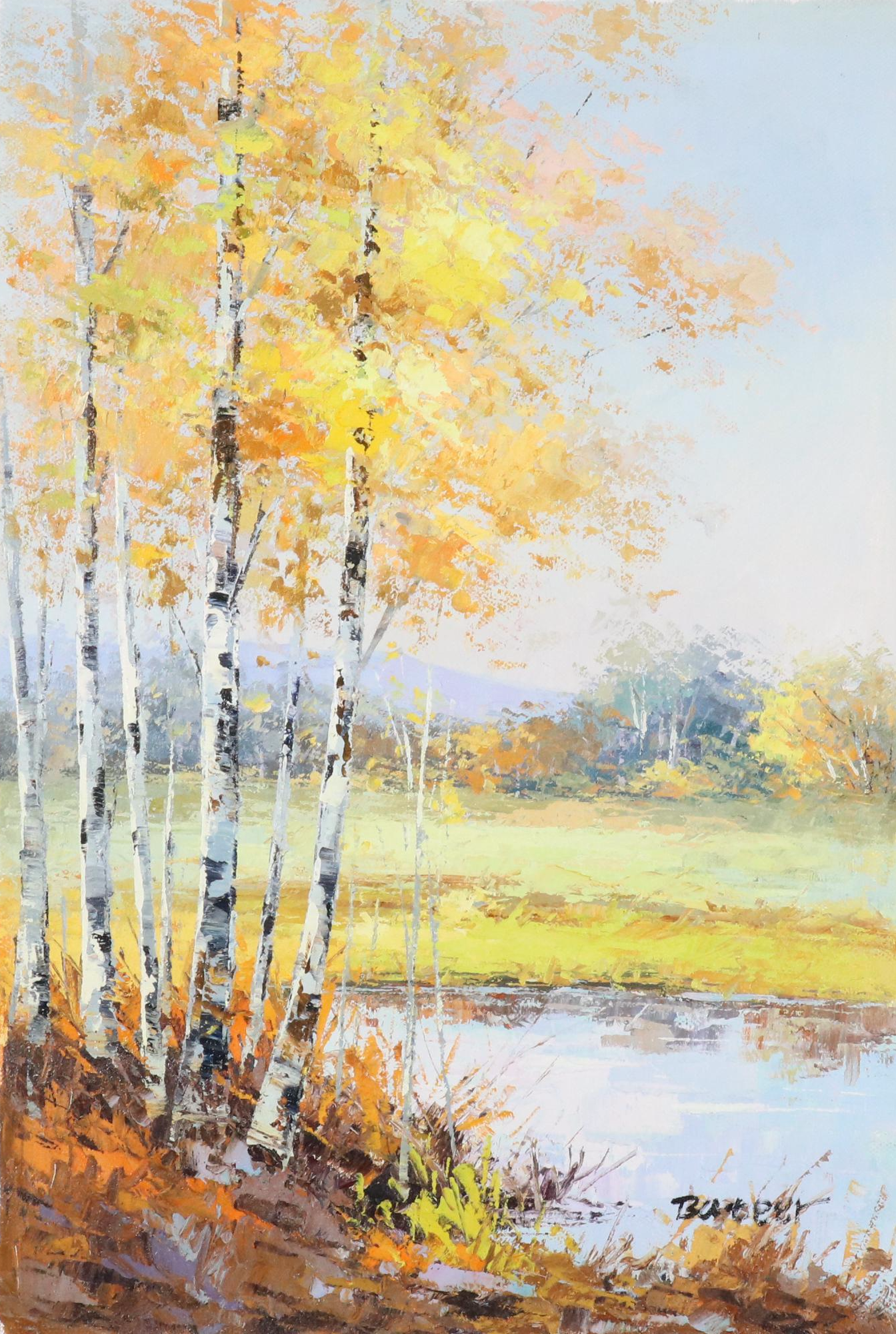 Bateer Impasto Oil Landscape Painting of Autumn Birch Trees, 21st Century