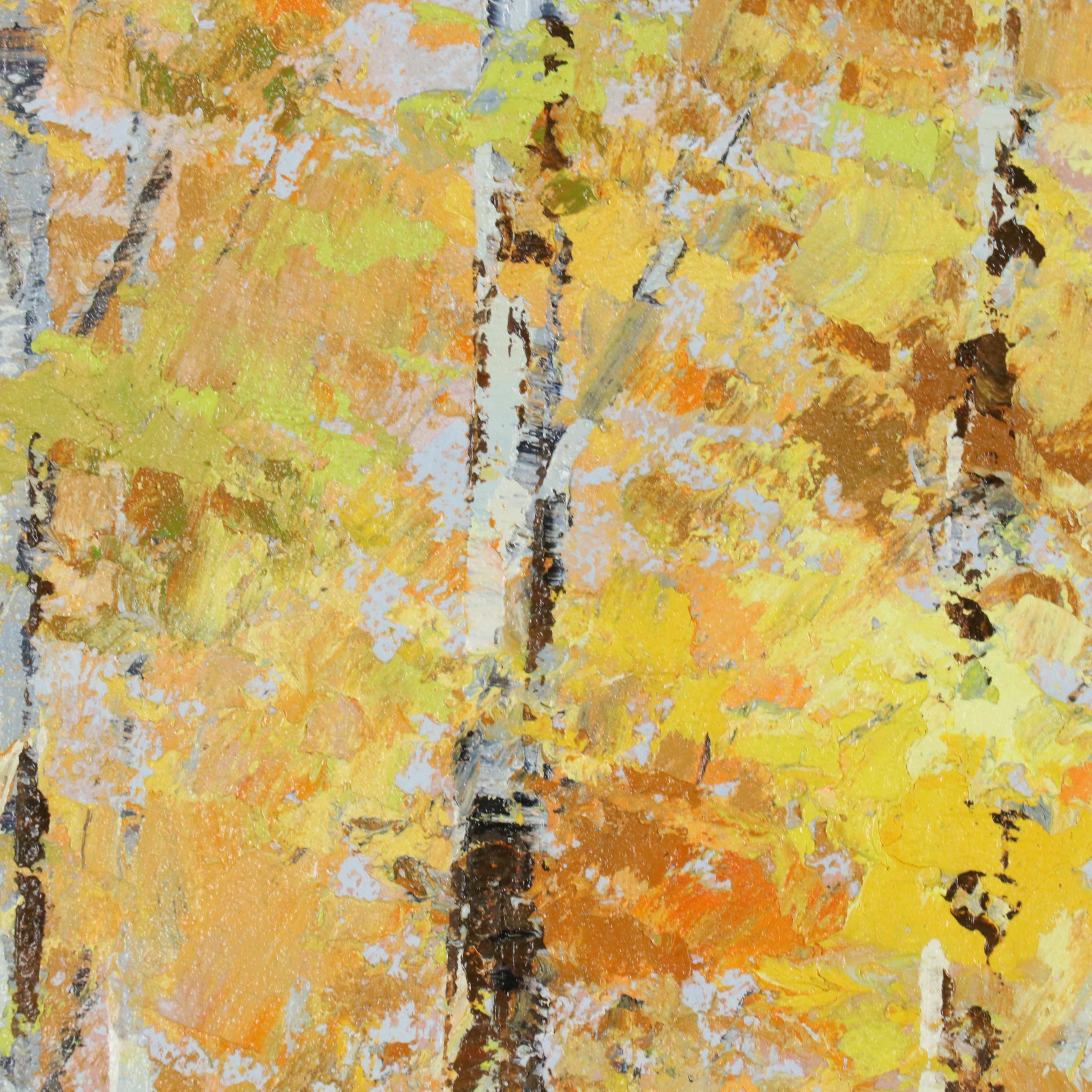 Bateer Impasto Oil Landscape Painting of Autumn Birch Trees, 21st Century