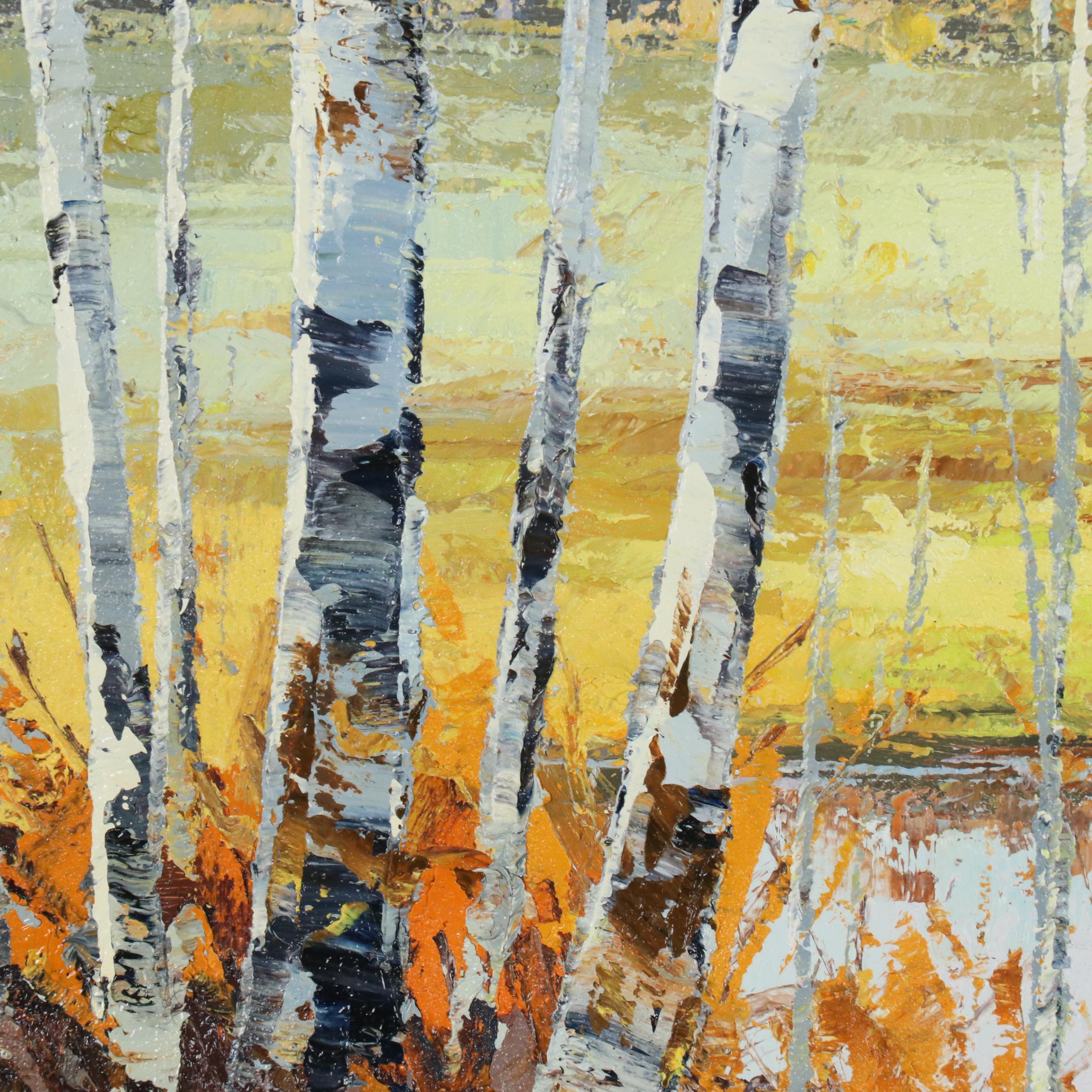 Bateer Impasto Oil Landscape Painting of Autumn Birch Trees, 21st Century