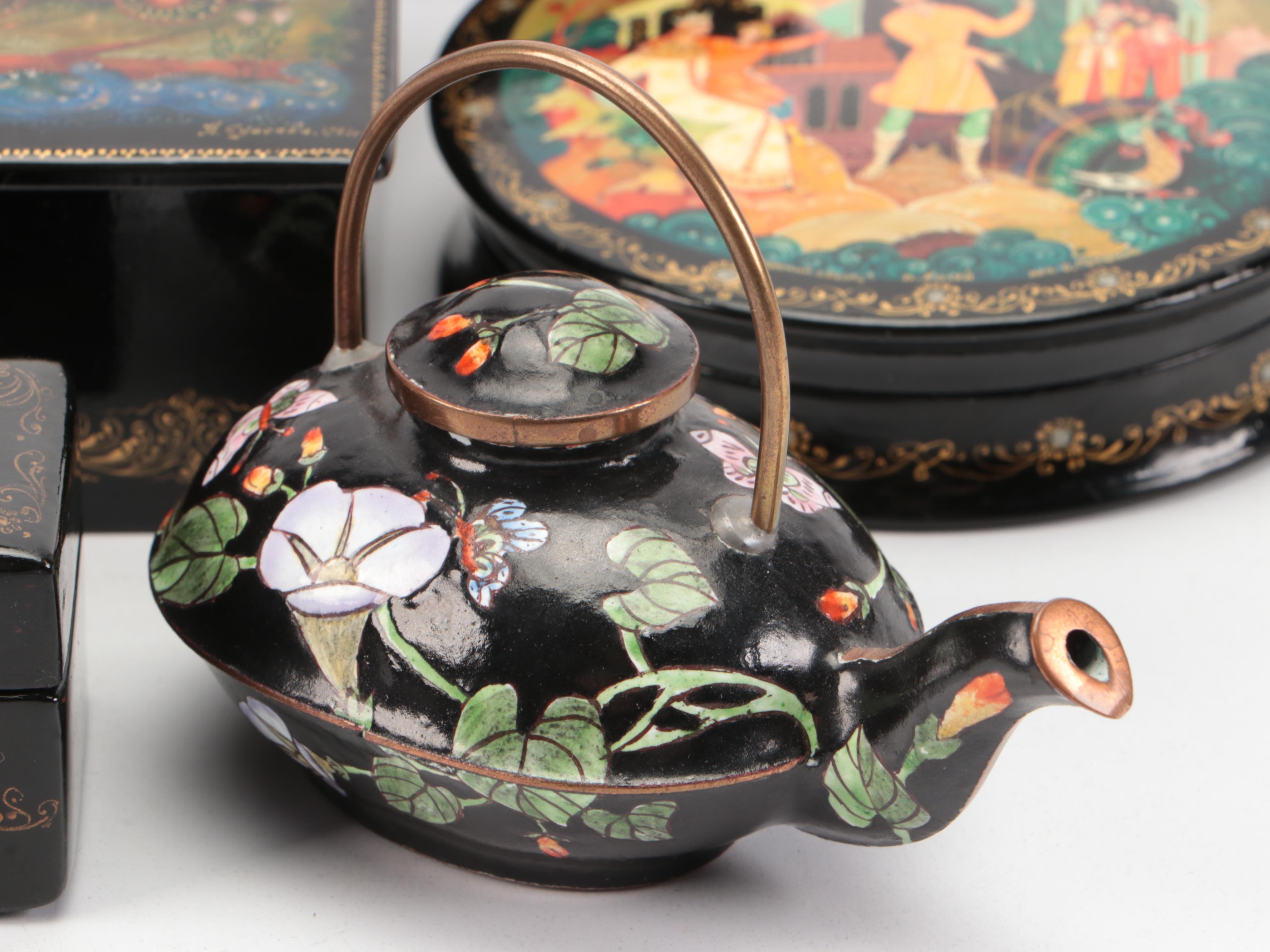 Russian "Princess and The Frog" Porcelain and Other Boxes with Enamel Teapot